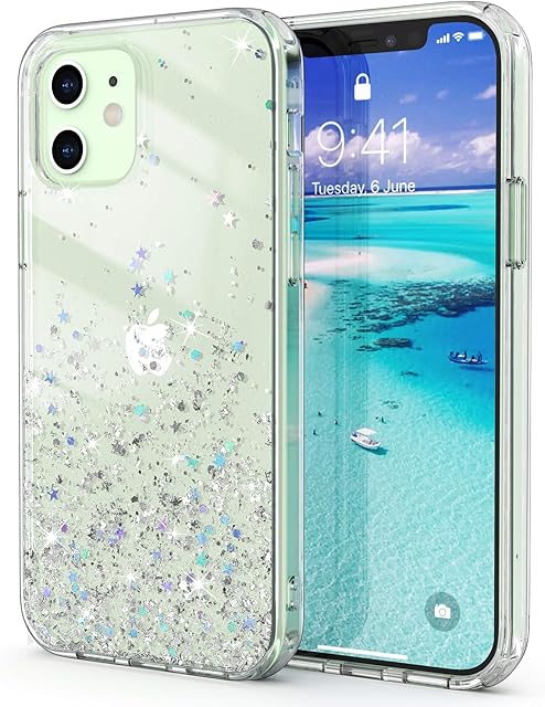 ULAK Glitter Case Compatible with iPhone 12/12 Pro, Clear Sparkly Stars Soft TPU Bumper + Hard PC Back Cover for Women Girls Protective Phone Case Compatible with iPhone 12/iPhone 12 Pro 6.1'', Silver