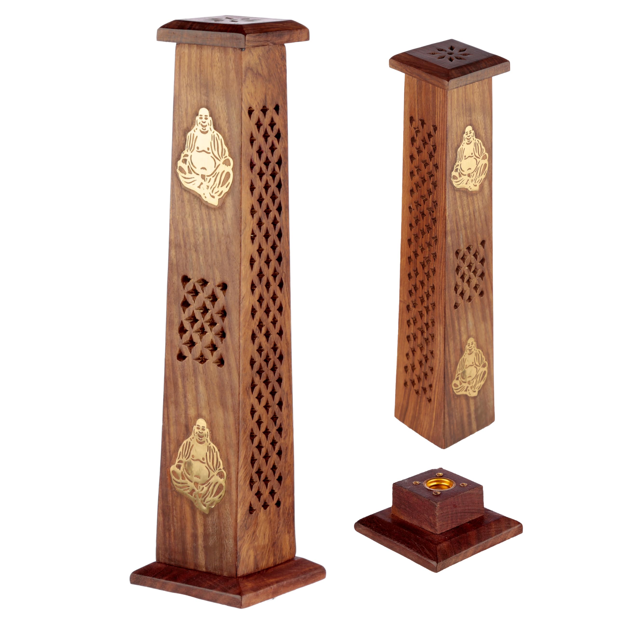 Puckator Multicolor Sheesham Wood Ashcatcher Incense Tower Burner Chinese Buddha - Spiritual Zen Gothic Incensé Insence Sticks Cones Holder Burner - Home Aesthetic Yoga Room Decor Accessories Gift