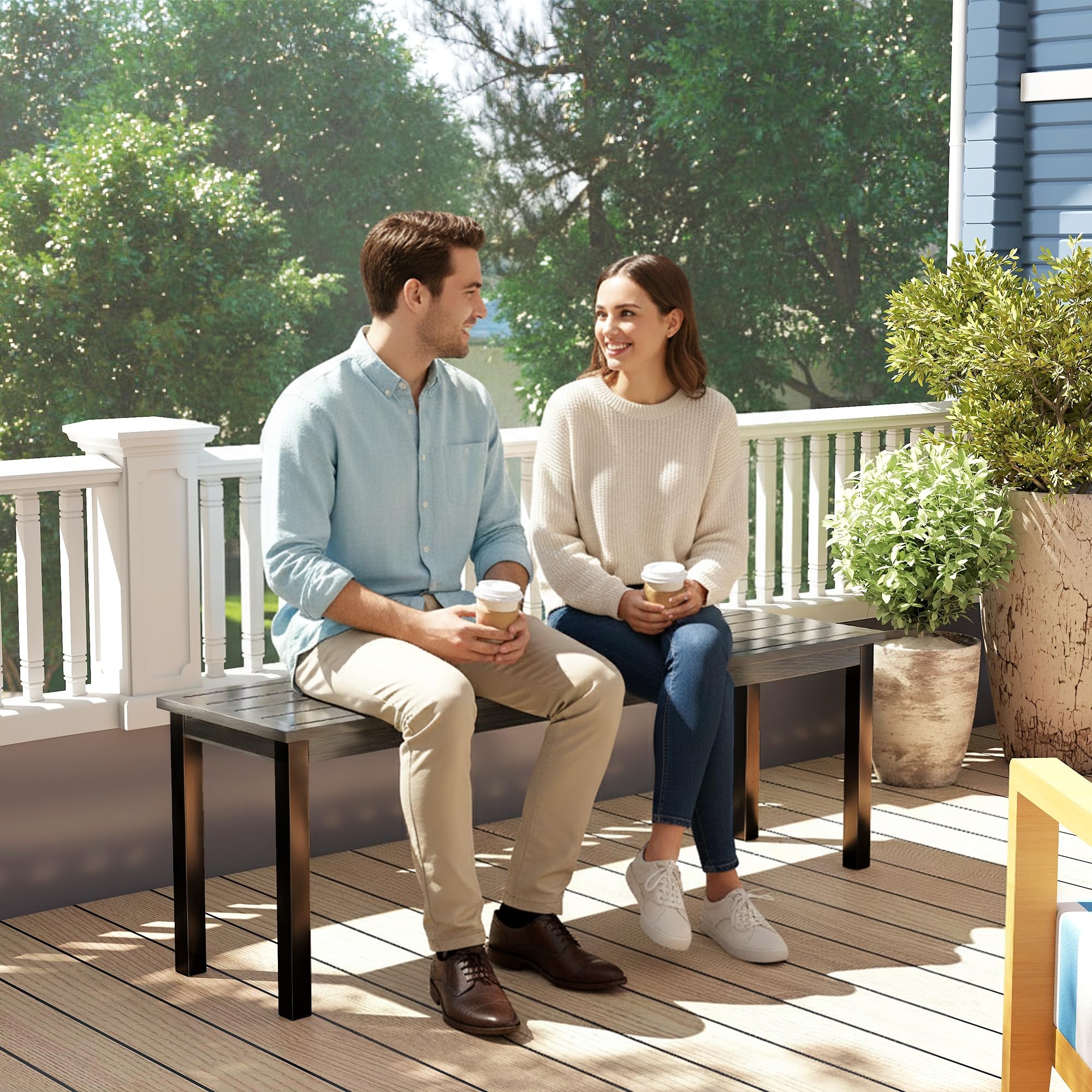 Outsunny - Banco de jardín de metal, banco exterior de 2 plazas con asiento de madera, sin respaldo, banco de jardín, marco de acero para patio, balcón, parque, capacidad 240 kg, 130 x 34 x 43 cm