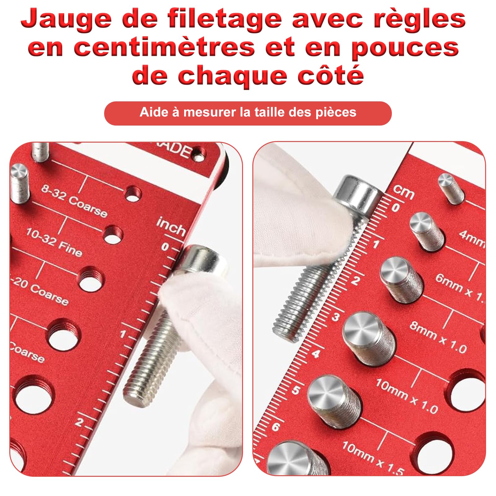 Jauge de filetage 44 trous - Testeur de filetage 4 en 1 en alliage d'aluminium avec filetage métrique et impérial, pour mesurer les dimensions des écrous et des vis, mesurer la longueur et le diamètre
