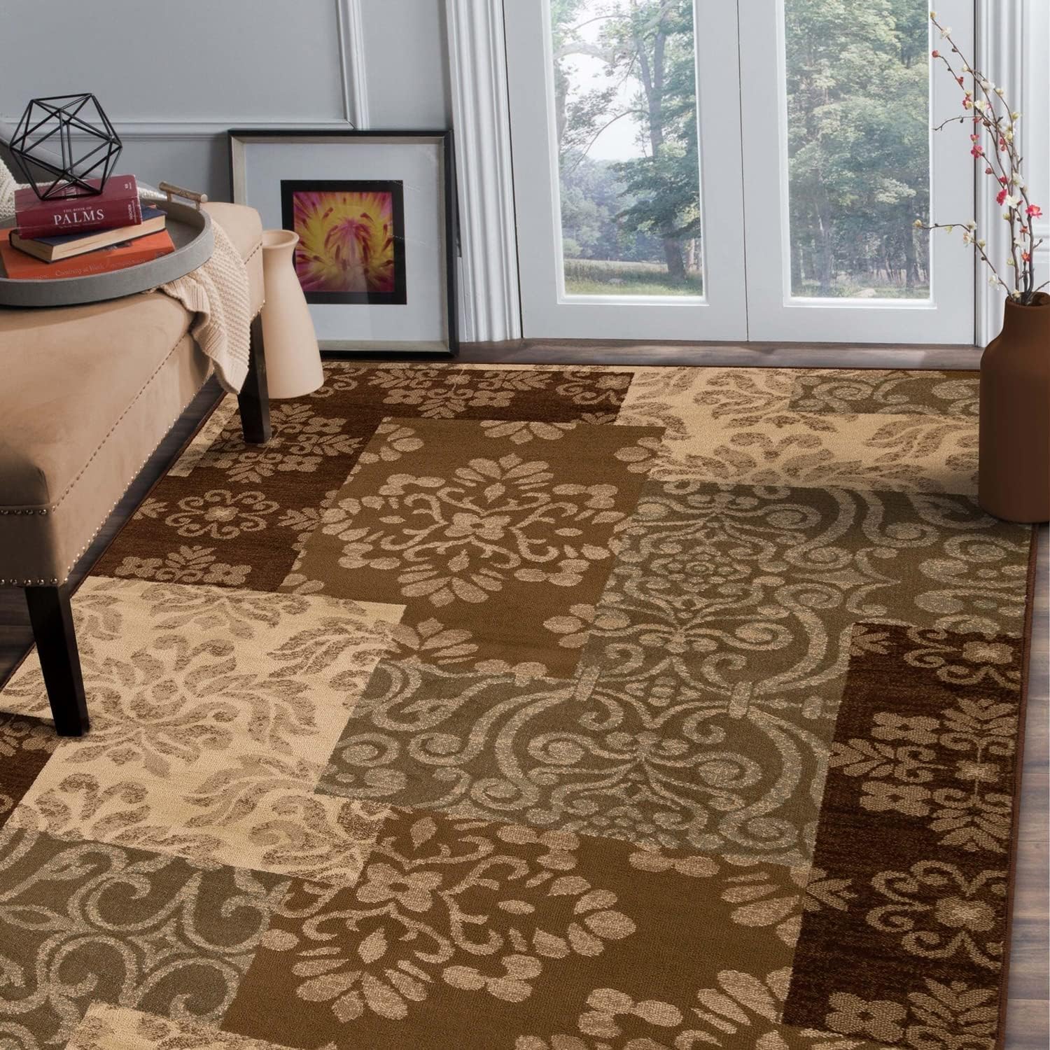BNM Indoor Large Area Rug with Jute Backing, Great for Entryway, Living Room, Kitchen, Dorm, Bedroom, Hallway, Perfect for Hardwood Floors, Floral Medallion, 5' x 8', Beige