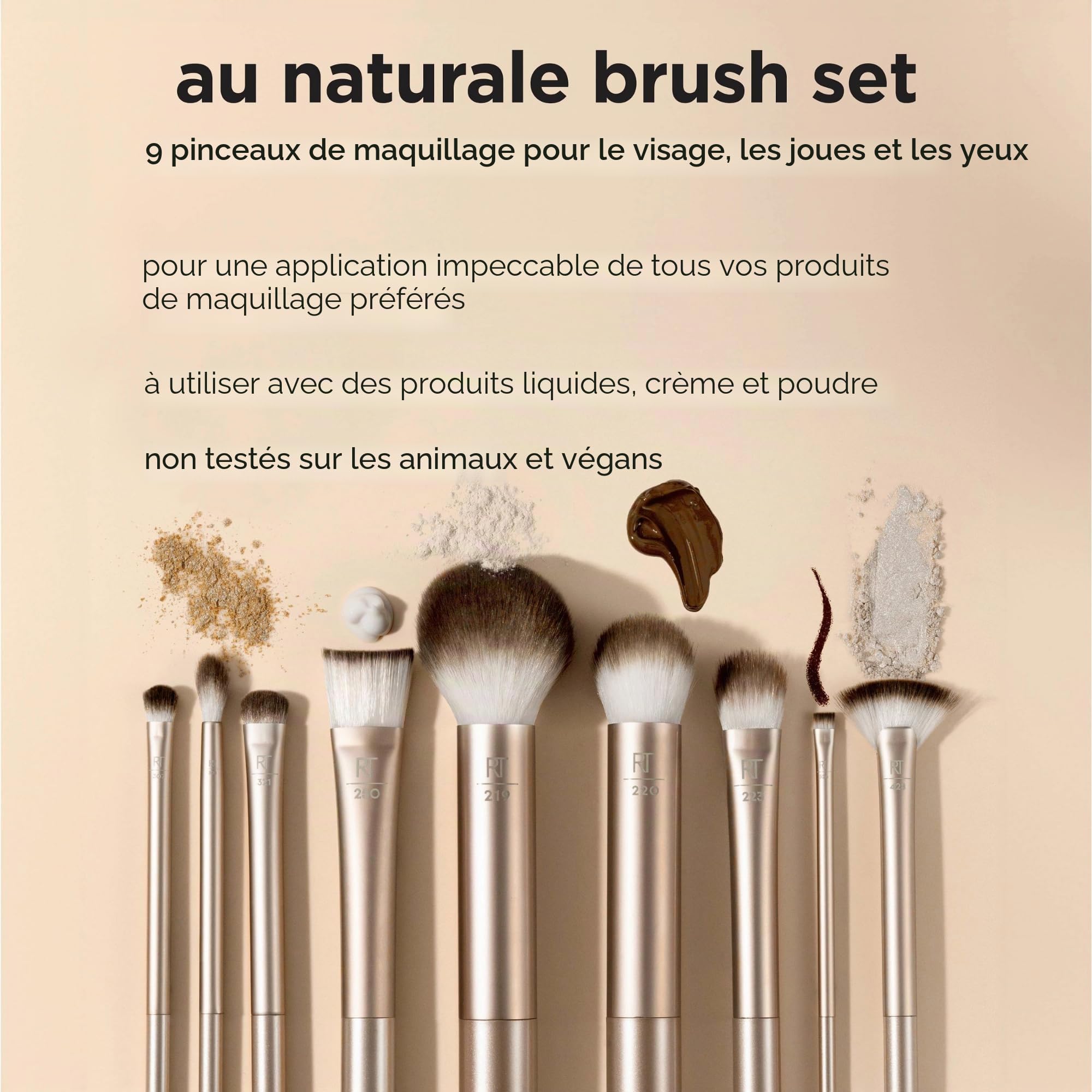 REAL TECHNIQUES Au Naturale Makeup Brush Kit, For Foundation, Powders, and Concealers, Premium Quality Face Brushes, 9 Piece Set, Gold