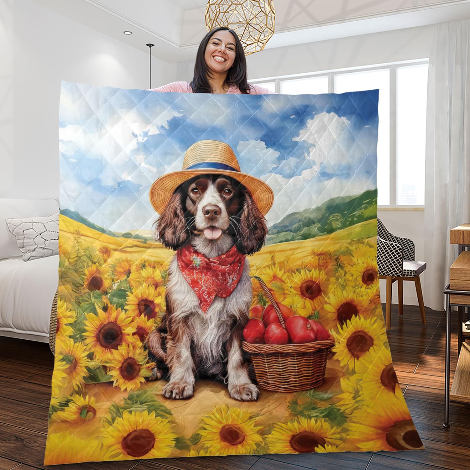 Ninety3POD Vintage Boykin Spaniel Says Hello Mother's Day Summer Sunflower Field Quilt Blanket Dog Lover Cozy Comforter Throw Blanket 12005