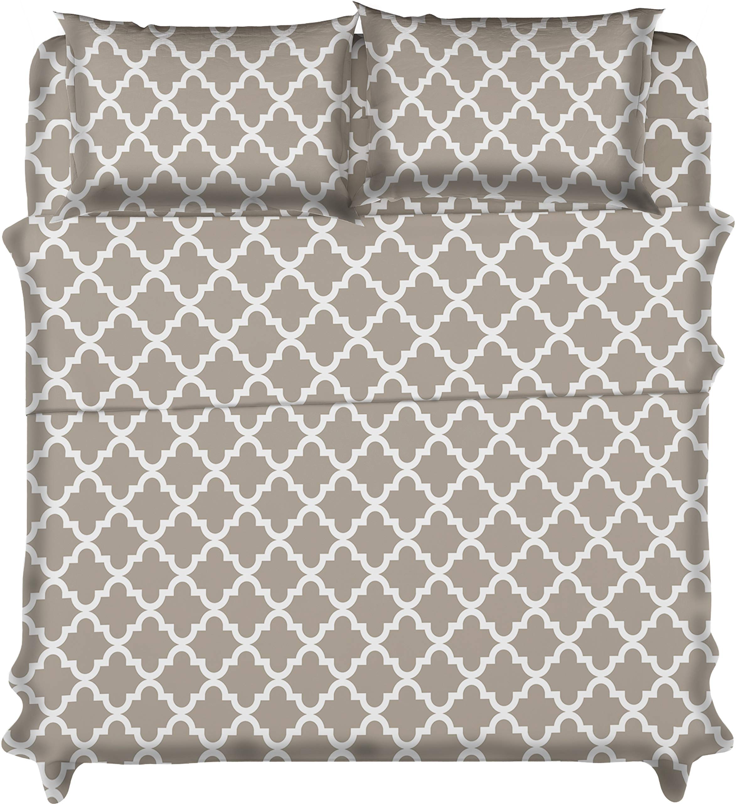 LUX Décor Quatrefoil Twin Sheet Set, 3 Piece Soft Microfiber Wrinkle Free Sheets - Printed Bed Sheets Includes Flat Sheet, Fitted Sheet with Deep Pockets, & Pillowcase - Oeko-TEX, (Taupe)OEKO-TEX STANDARD 100