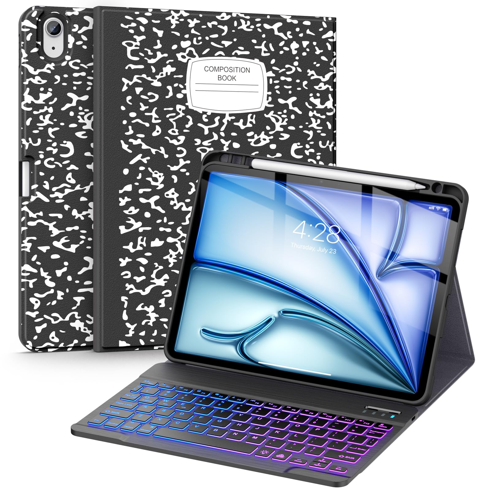 Supveco Keyboard Case for iPad Air 11 Inch (M3 2025,M2 2024),iPad Air 5th/4th Generation with Pencil Holder-7 Colors Backlit Wireless Detachable Folio Keyboard Cover with Soft TPU Back-Black