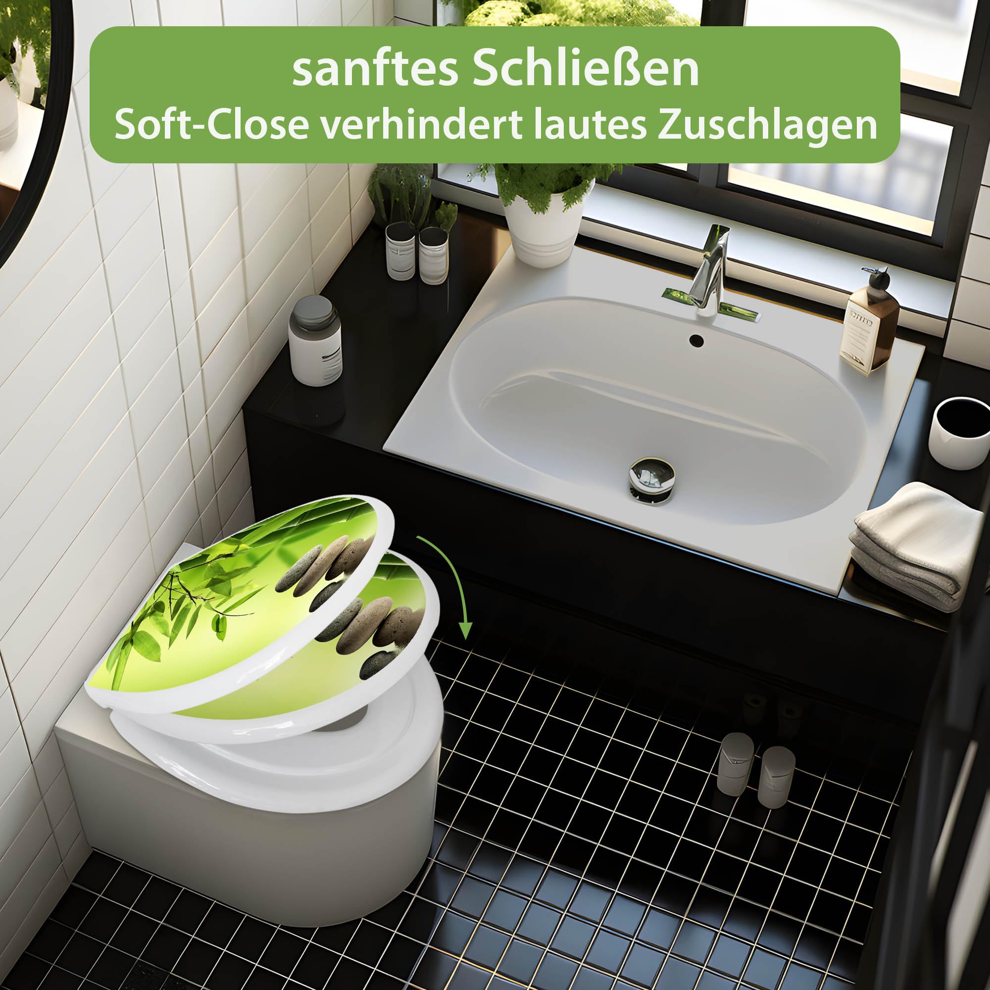 banjado Familien WC Sitz mit Absenkautomatik 44,9x37,1cm - Klobrille mit Kindersitz aus hochwertigem Polypropylen - Toilettendeckel mit Kinder Toilettensitz integriert - Motiv Innere Ruhe