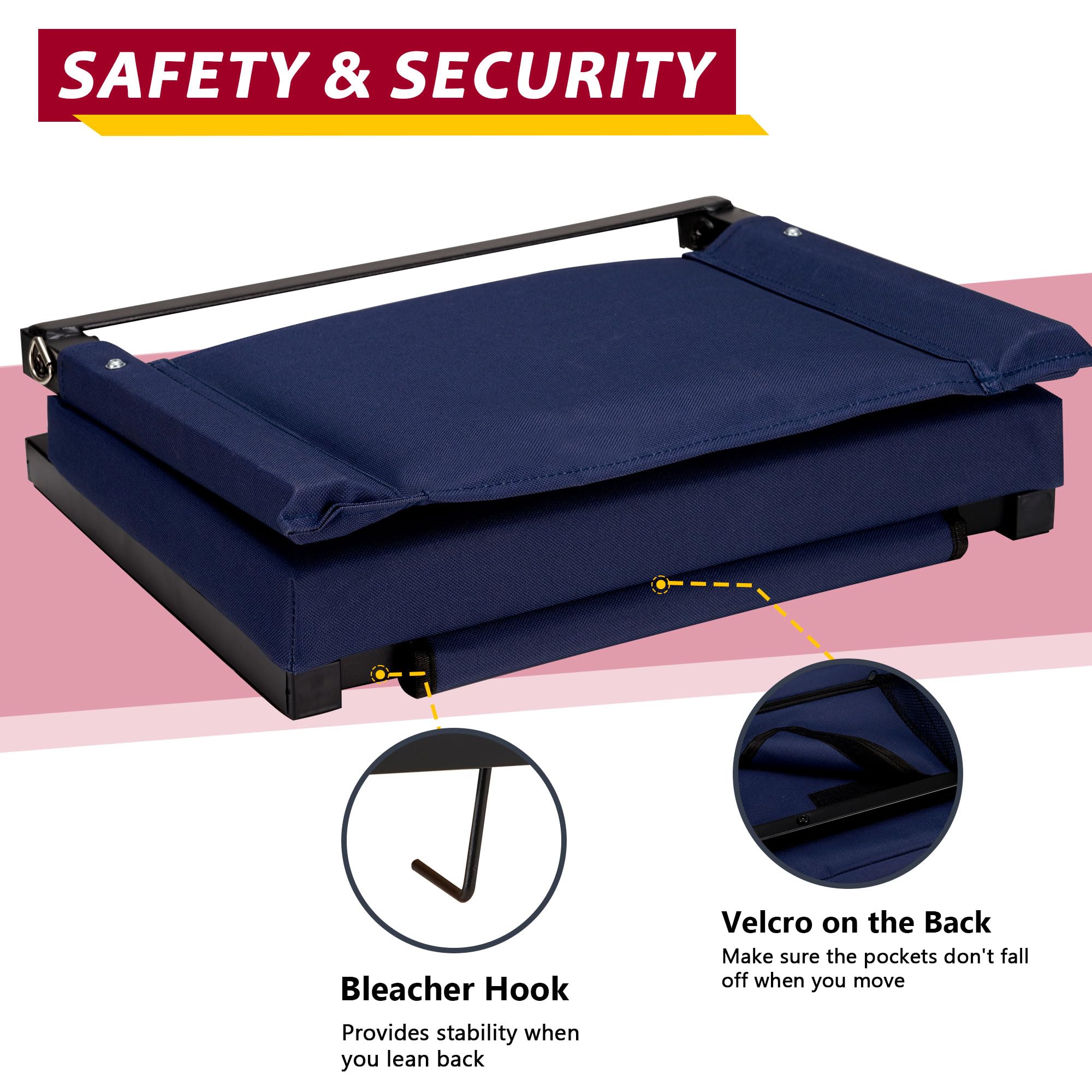 Fragess Bleacher Seat, Stadium Seats with Back Support and Thick Cushion, Bleacher Seat with Shoulder Strap and Side Pocket Hold up 400lbs Bench Chair for Bleachers(Navy Blue)