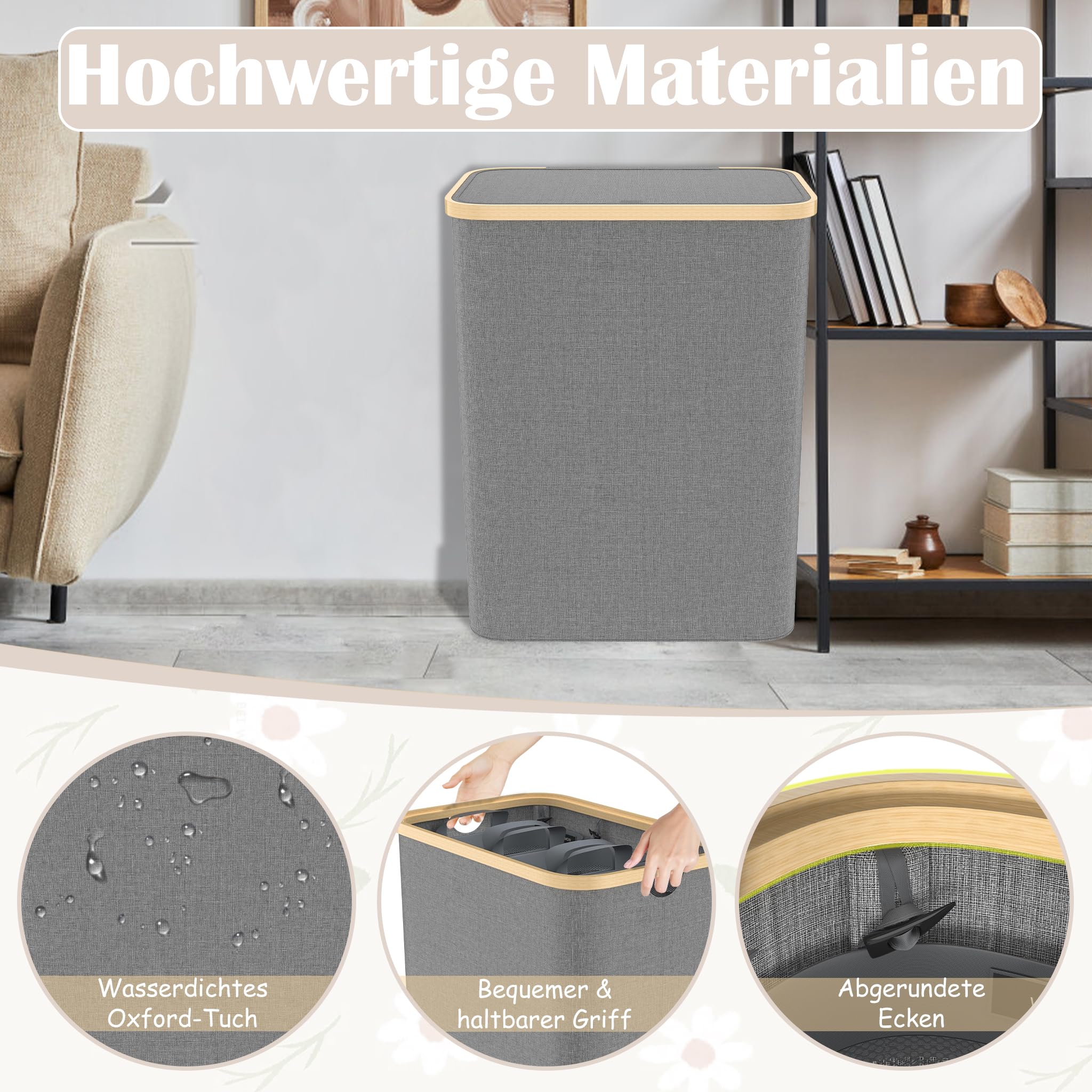 NAIZY Cesto portabiancheria con coperchio 140L, con 3 scomparti. Cesto per la biancheria lavabile e con maniglia estraibile, cesto portabiancheria rimovibile, separatore per biancheria, grigio