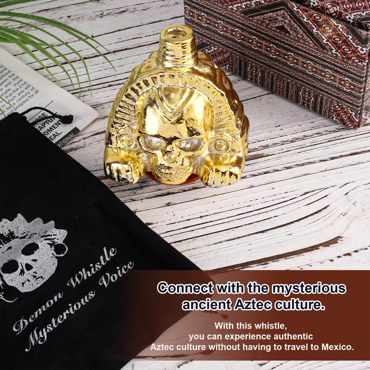 BOXOB Aztec Death Whistle, Skull Aztec War Whistle Loud 125 Decibels Authentic Human Sounding Screams Instruments for Halloween Festival of the Dead Collectible Gift, Gold - Image 3