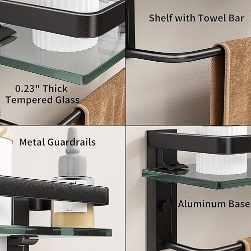 Miniatura 9 de Danpoo Estantes de baño montados en la pared, estante de baño de vidrio templado con toallero, soporte para toallas de mano con estantes (2 niveles,