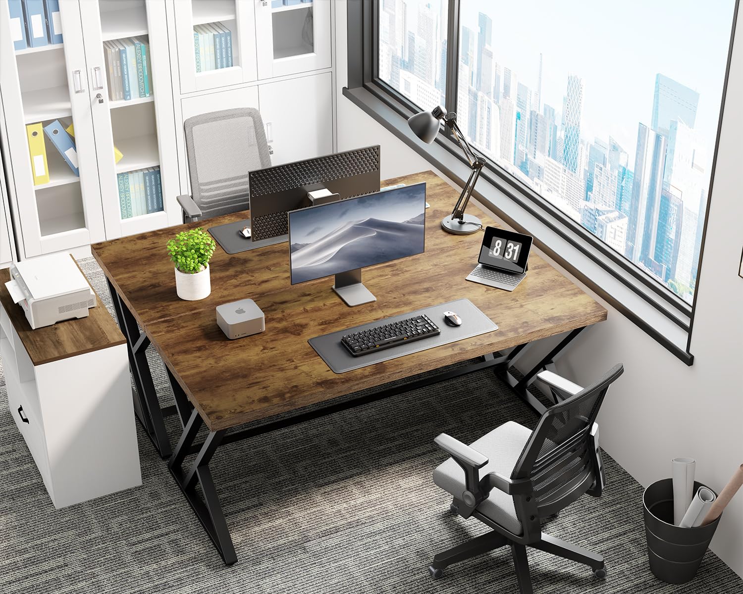 LVB Escritorio rústico para computadora, escritorio de madera de metal para oficina en casa, escritorio ejecutivo de estudio simple industrial para trabajo de escritura, mesa de computadora de madera