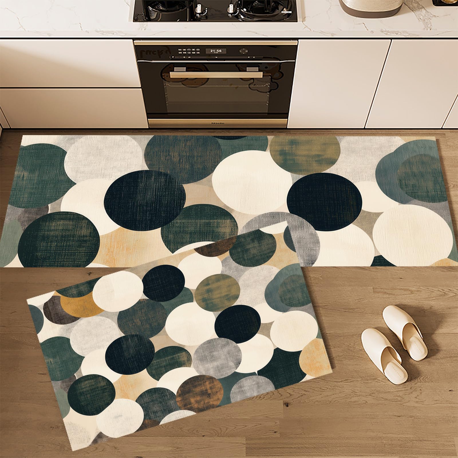 Tapis de cuisine art abstrait géométrique beige haut de gamme lot de 2