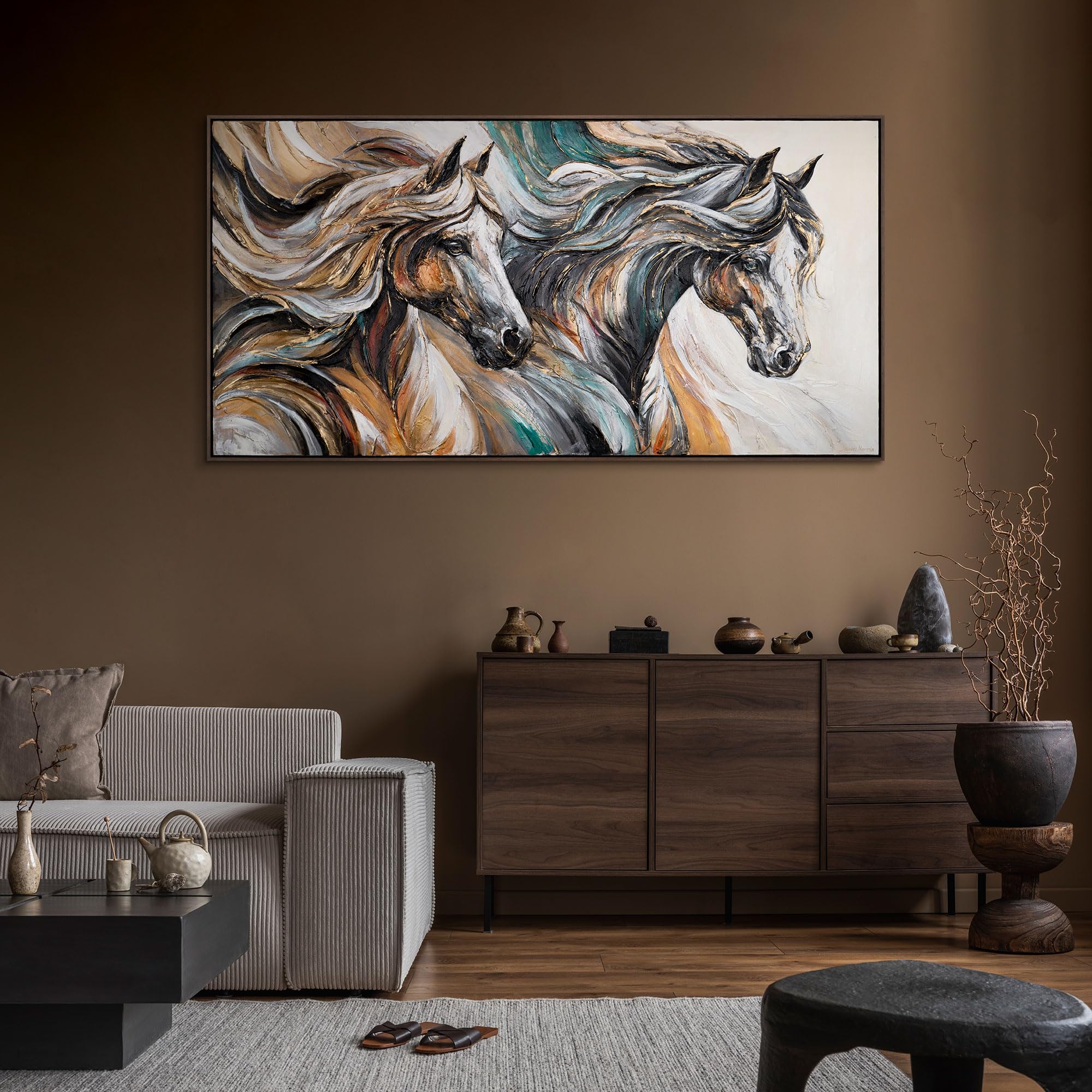 YS-Art Quadro Cavalli Astratti Dipinto a Mano su Tela con Texture Materica e Dettagli Oro per Soggiorno Ufficio 140x70 cm