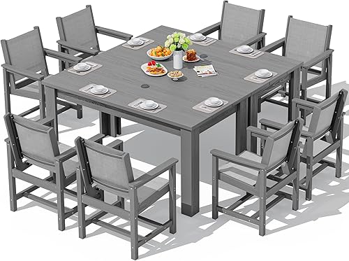 Miniatura 41 de SERWALL Juegos de comedor para patio para 8, juegos de comedor al aire libre para 8 personas con 2 agujeros para sombrilla, mesas rectangulares