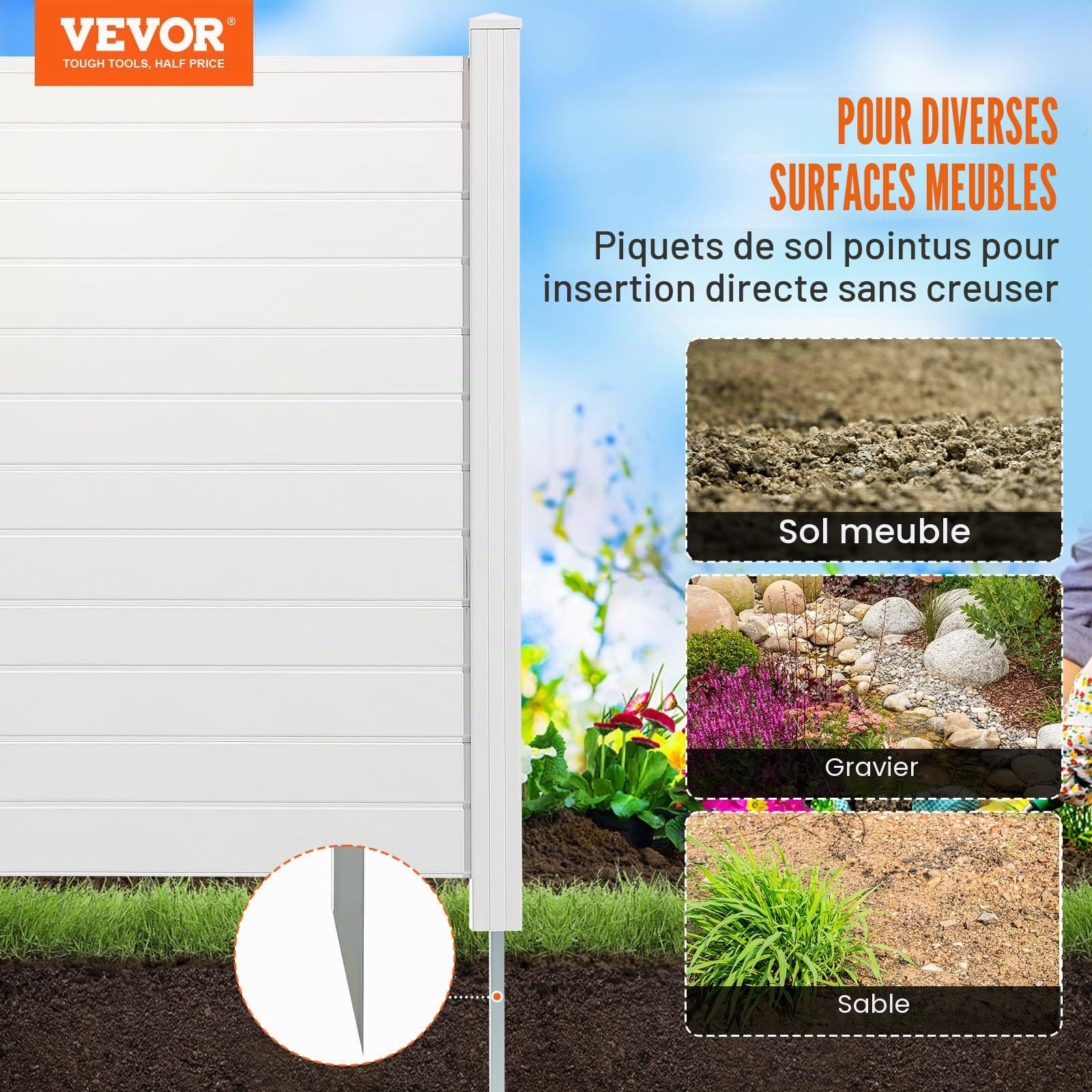 VEVOR Panneau Brise Vue Extérieur 127x127 cm Clôture de Jardin Horizontale Kit 3 Panneaux de Confidentialité avec Piquets Métalliques, Accessoires pour Sols Souples, Cacher les Climatiseurs, Poubelles