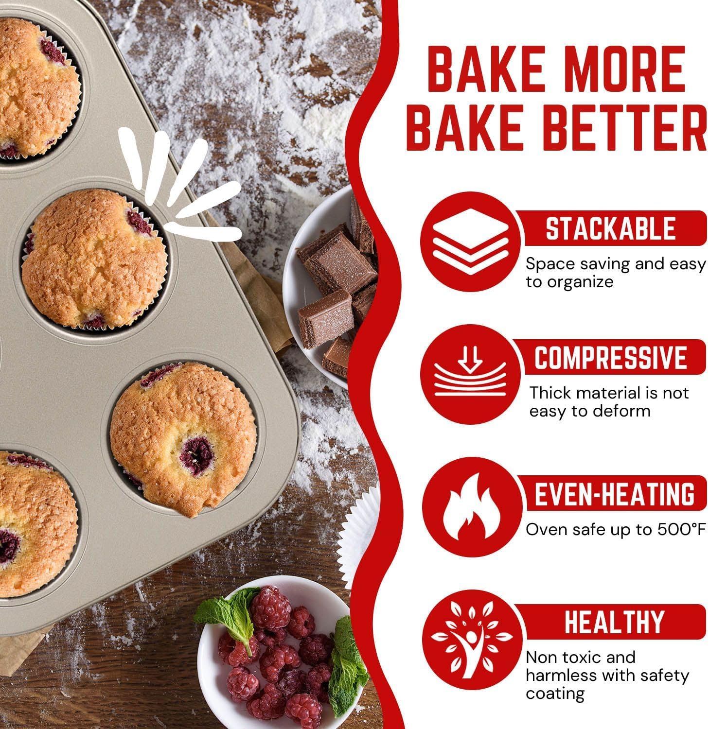 Flexzion 6-Cup Muffin Pans, Nonstick Carbon Steel Bakeware, Gold, 2-Pack