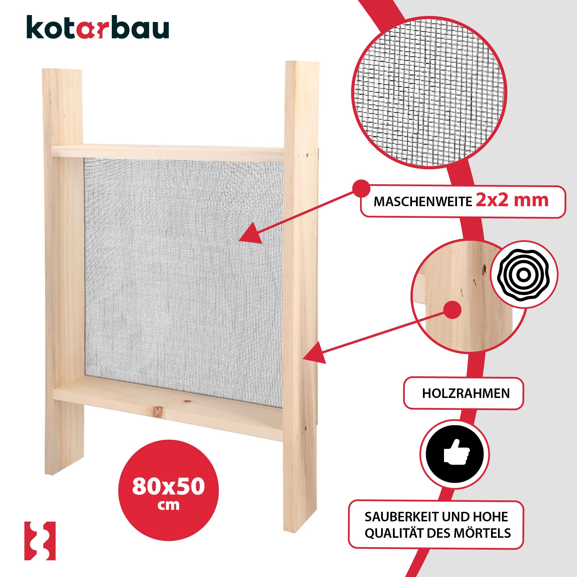 KOTARBAU® Cribas de Arena - Cedazo Arena - 2 x 2 mm - Tamizador Tierra - Acero y Madera - 80x50 cm - Negro Natural - Criba de Paso - Robusto Cedazo para Tierra