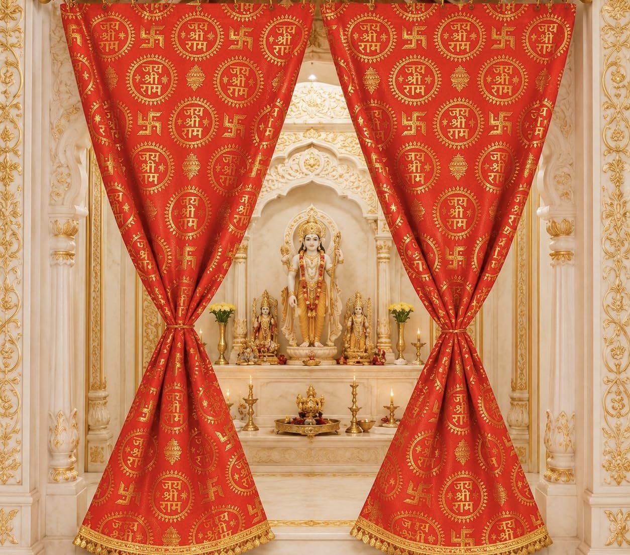 Jai Shree Ram Printed Mandir Puja Curtain, Red and Gold, 2.5 Feet x 30 Inch, Set of 2-image-18