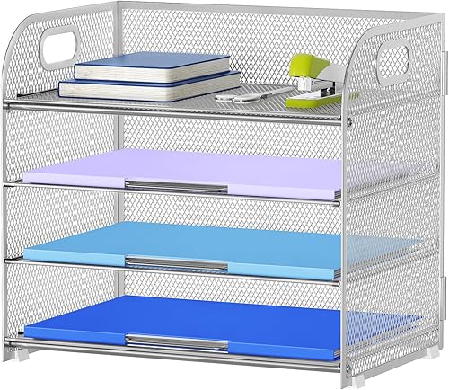 Miniatura 8 de Marbrasse Bandeja organizadora de escritorio de malla, organizador de bandeja de letras de 4 niveles con mano, bandejas de oficina, accesorios