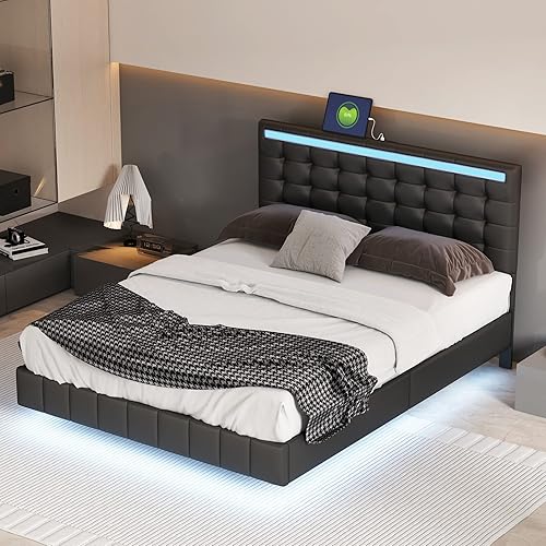 Miniatura 3 de Base de cama flotante tamaño Queen con luces LED y carga USB, marco de cama LED de plataforma tapizada moderna, no necesita somier, fácil de montar