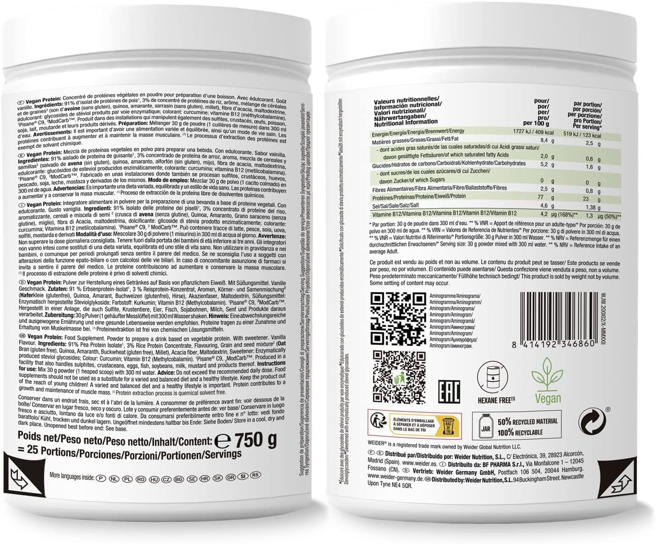 Weider Vegan Protein 750 g - Izolat Białka Grochu i Ryżu, Z Witaminą B12 i Stewią, Bez Glutenu i Cukru, W 100% Nadające się do Recyklingu, Smak Waniliowy