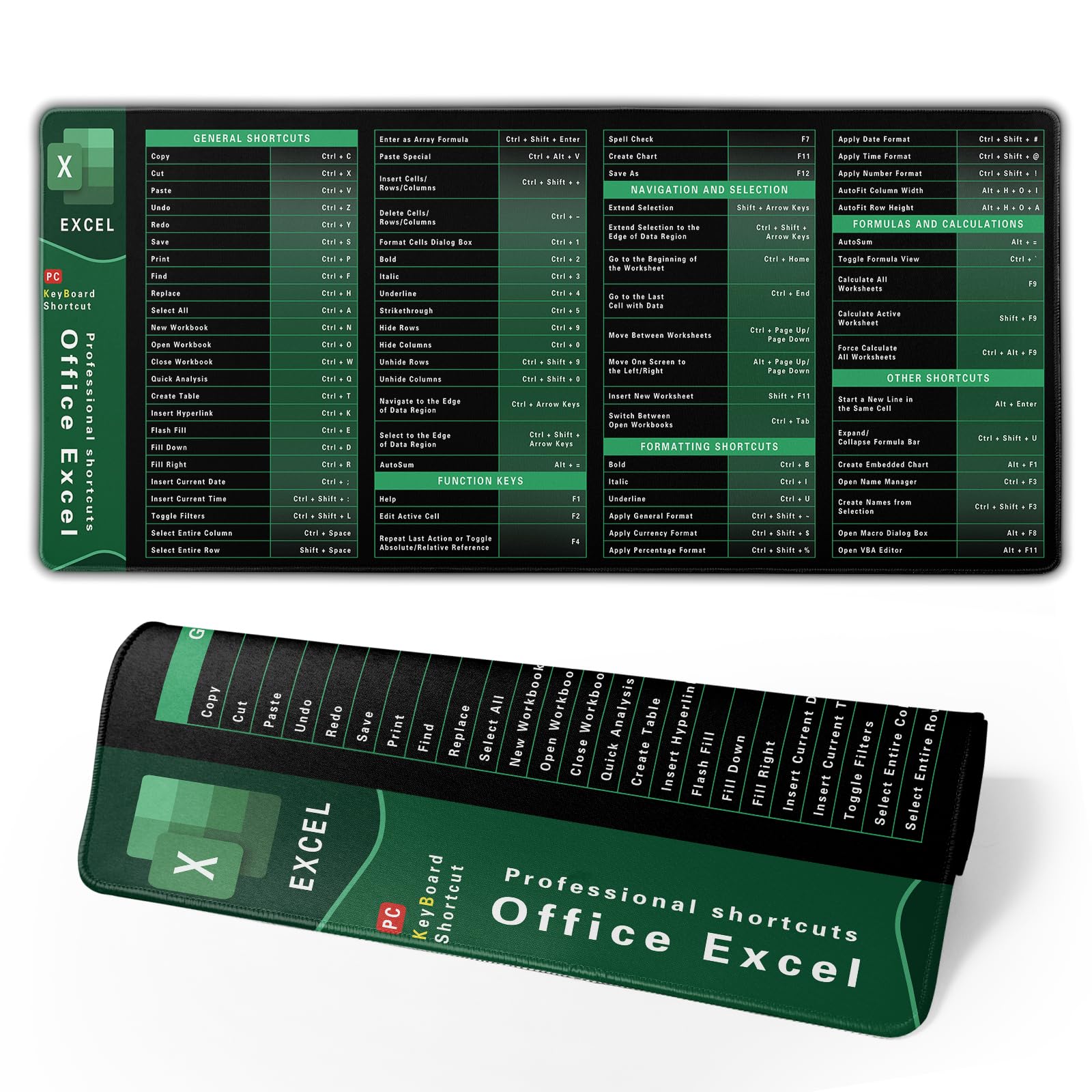 excel cheat sheet desk pad extended xl office keyboard mat (31.5" x 11.8") inch, 3mm thick excel shortcuts mouse pad, stitched edges non-slip base (u green black excel)