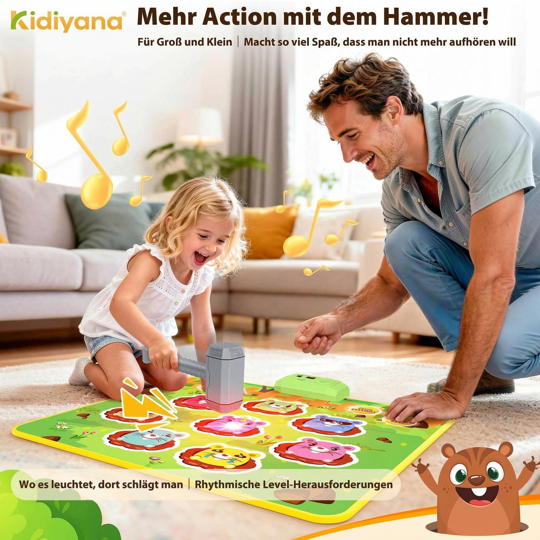 Schlag Spielmatte elektronisches Hammerspiel für Kinder und Erwachsene, Reaktionsspiel mit 8 Spielmodi & 24 Level, Klopfspiel ab 3 Jahre mit Musik & Licht, Maulwurf