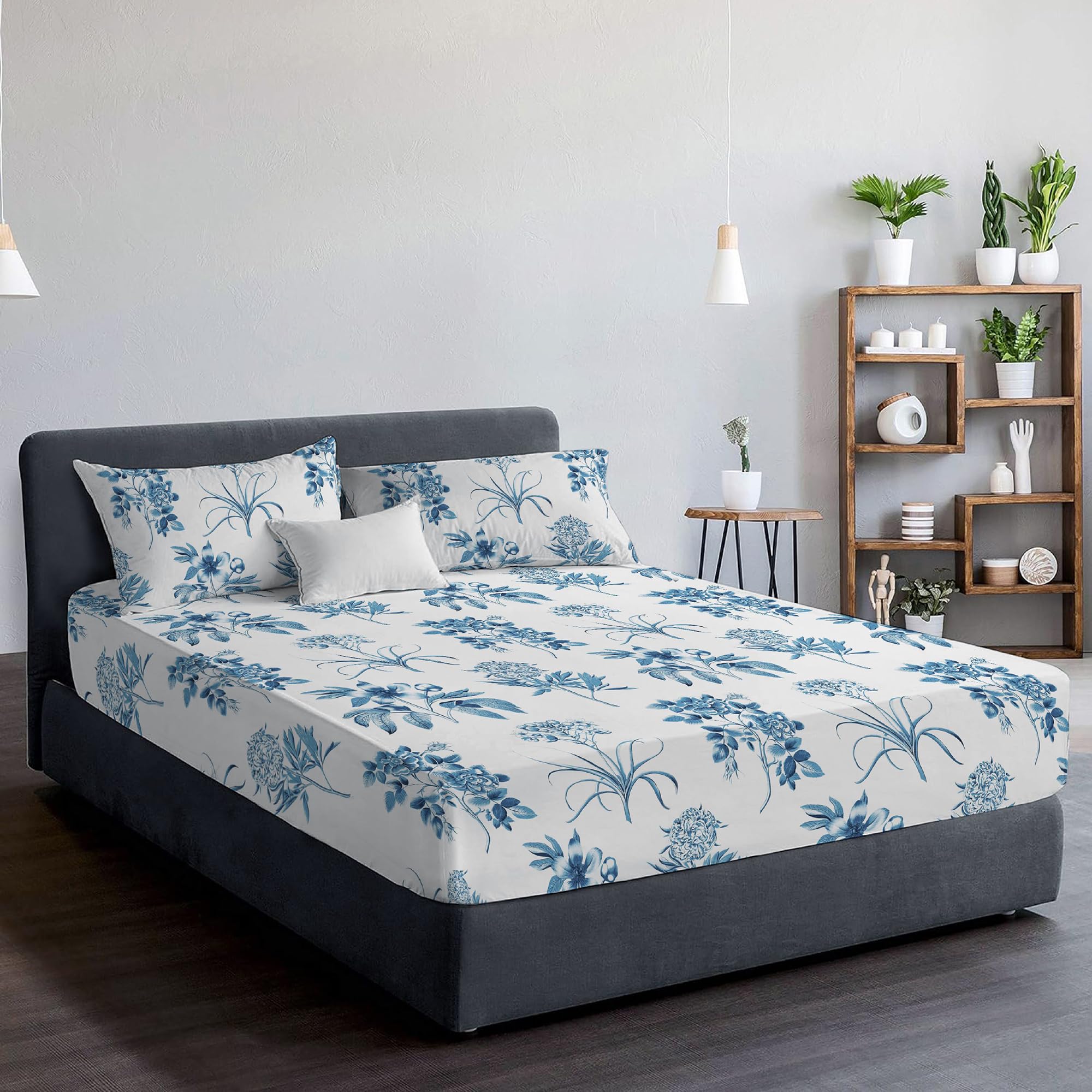 EverSoft Bedding 3PCS Set 100% Egyptian Cotton Printed King Size Fitted Sheets & 2x Matching Pillowcase Pair 400 Thread Count 30cm Deep Floral Design Prints Bed Sheet
