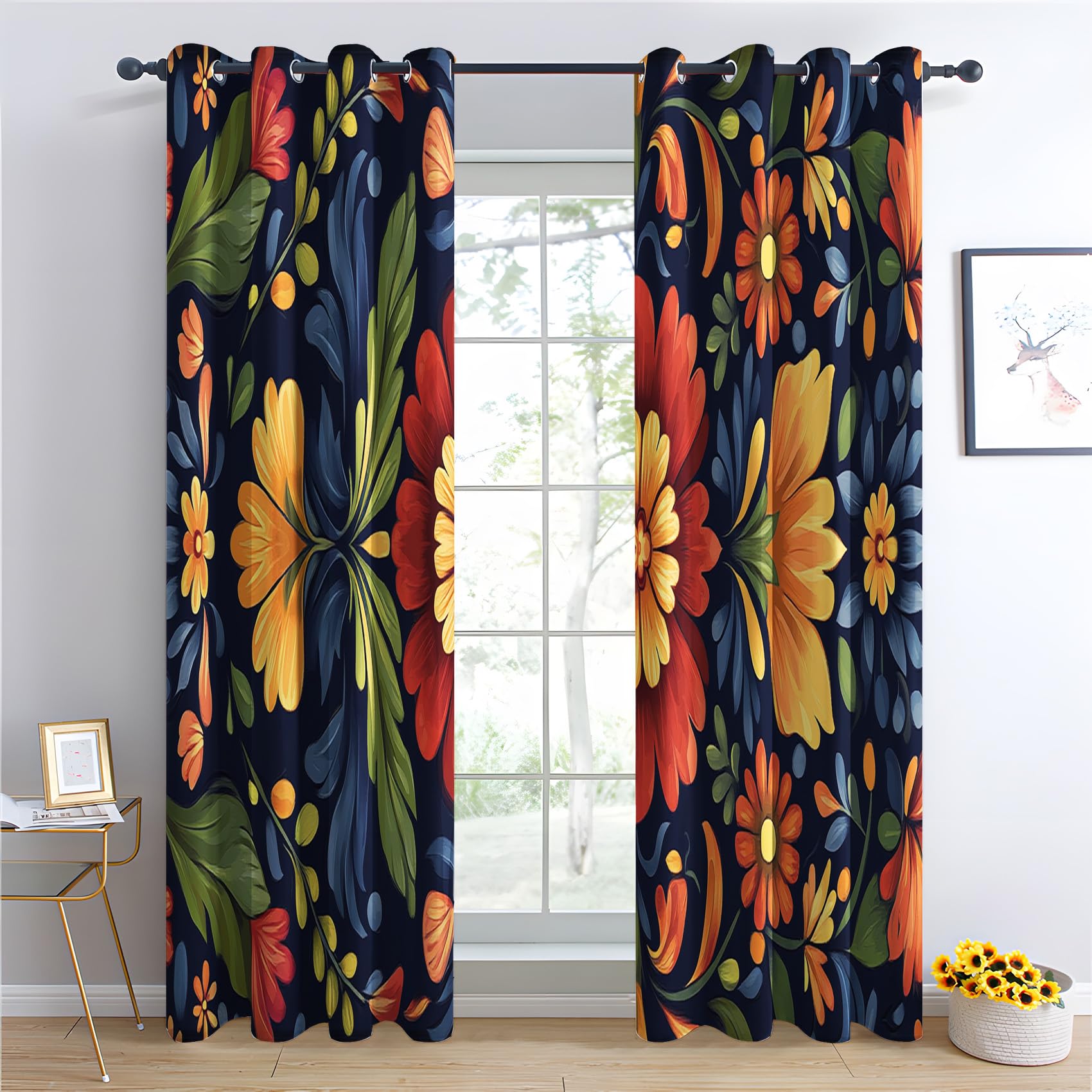 Luxfieo Floral Blackout Curtains for Living Room Bedroom - 90 Inch Drop Curtains 54x90, Boho Colourful Flower Patterned Window Treatments, Thermal Eyelet Drapes 2 Panels