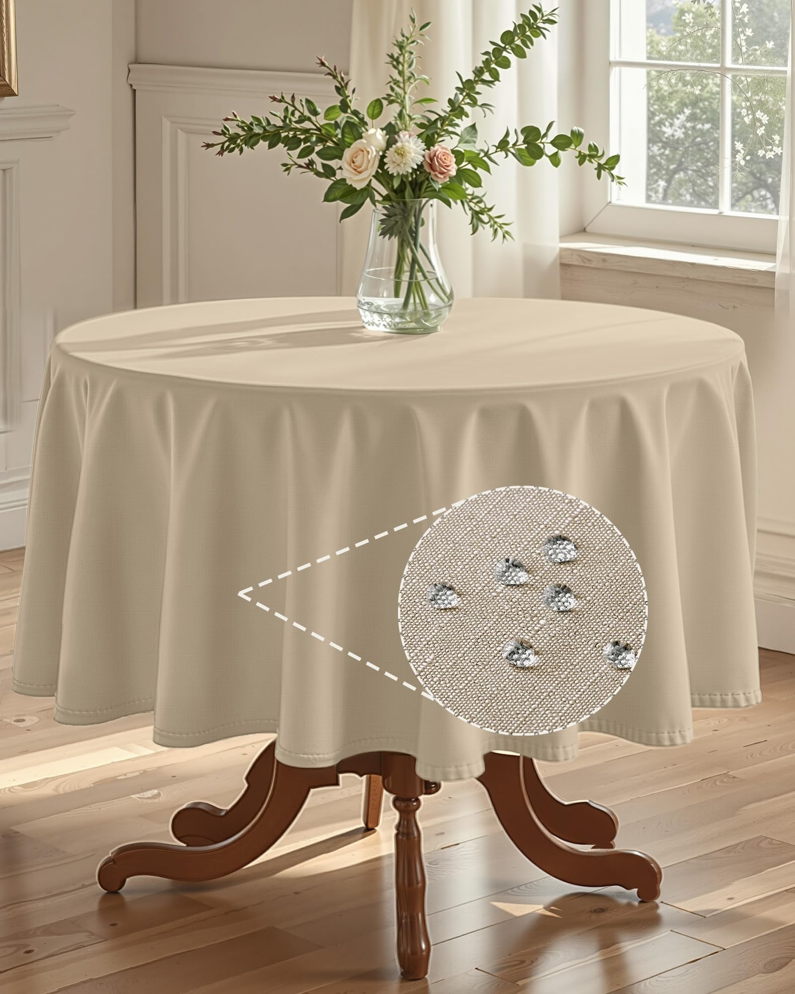 Pureegg Table Cloth for Round Tables - Elegant Linen Beige Tablecloth Resists Water, Stain, Wrinkle and Heat, Ideal for Dining, Party, Birthday and Wedding, 60 Inch