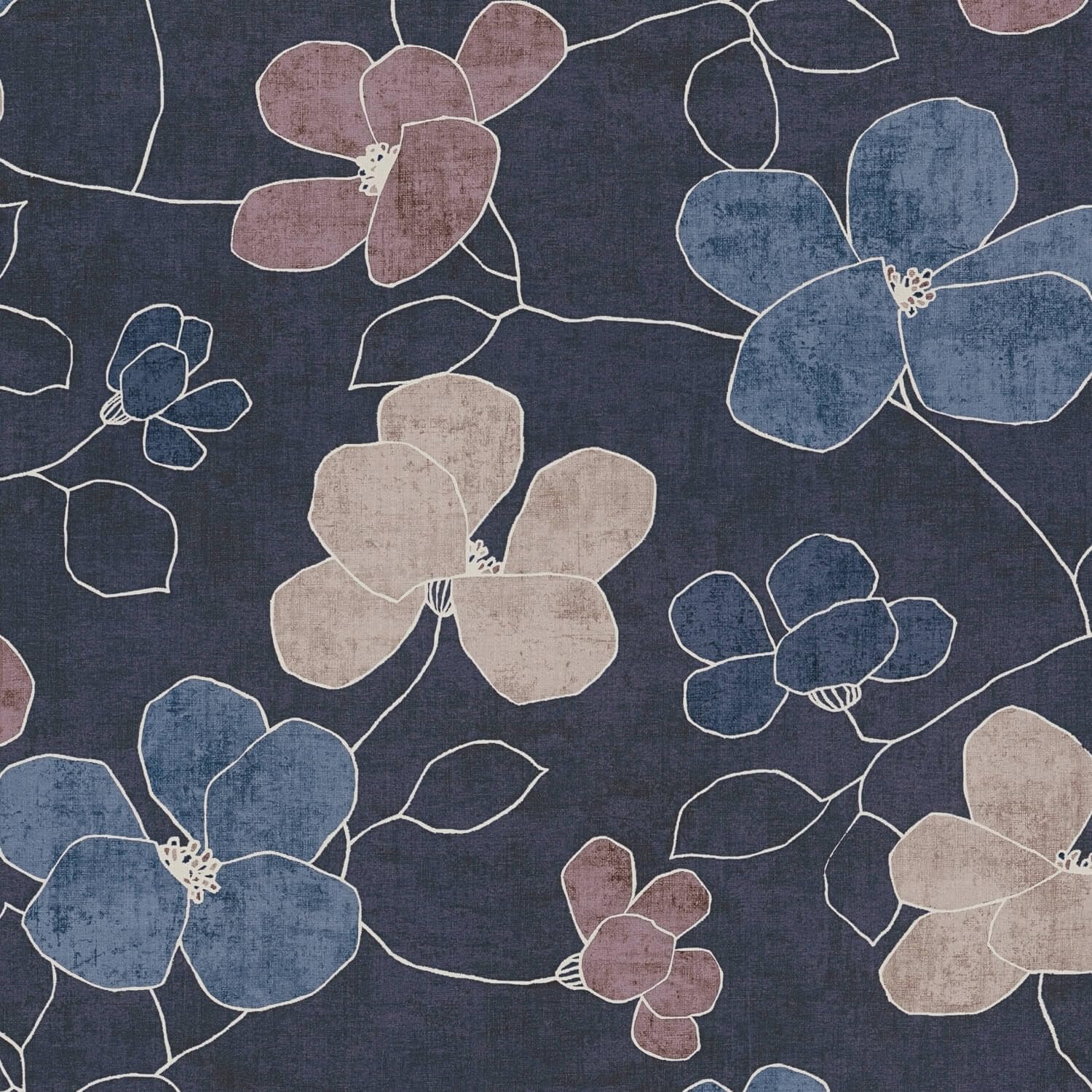 Papier peint motif floral bleu violet gris blanc intissé Profhome 5m2