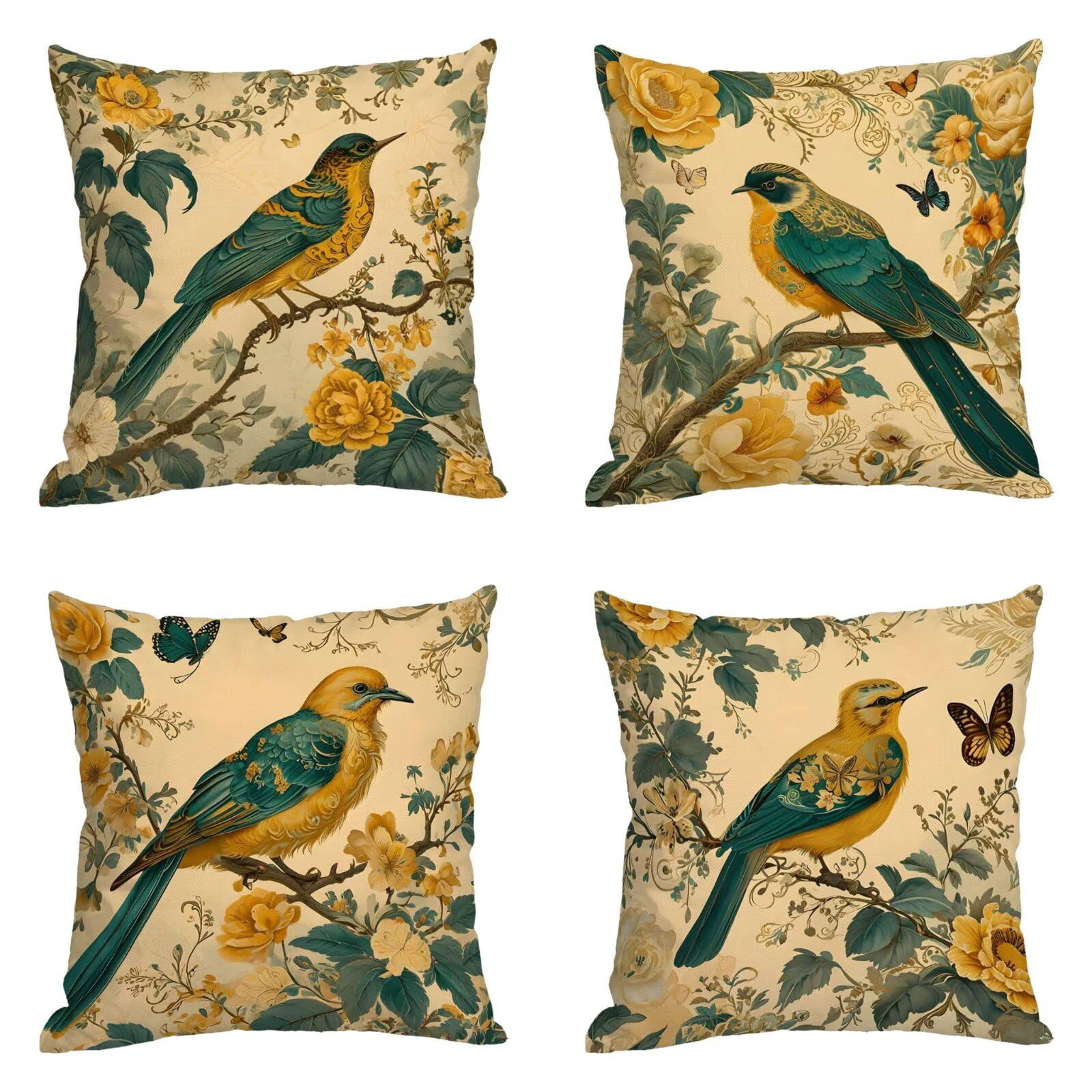 Federe per Cuscini Esterni Impermeabili Lino65 x 65 cm Set di 4, Doppio lato Quadrata Traspirante Cuscini Uccello retrò Primavera Estate Copricuscini, per Soggiorno Giardino Decorazione Regali I-s244