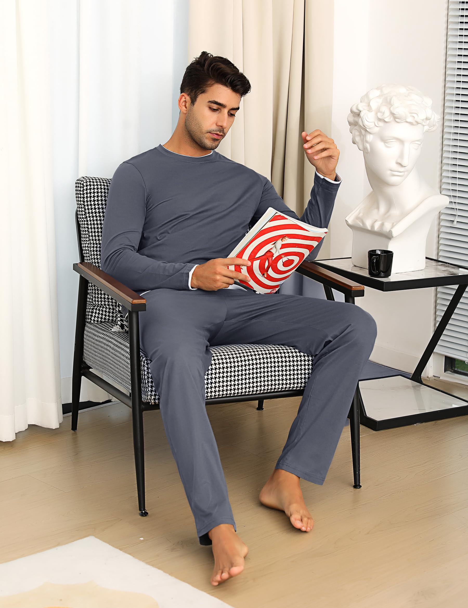 Aseniza Pigiama da Uomo Invernale, Pigiama a Maniche Lunghe in Cotone Semplice ed Elegante Pigiama Morbido Loungewear
