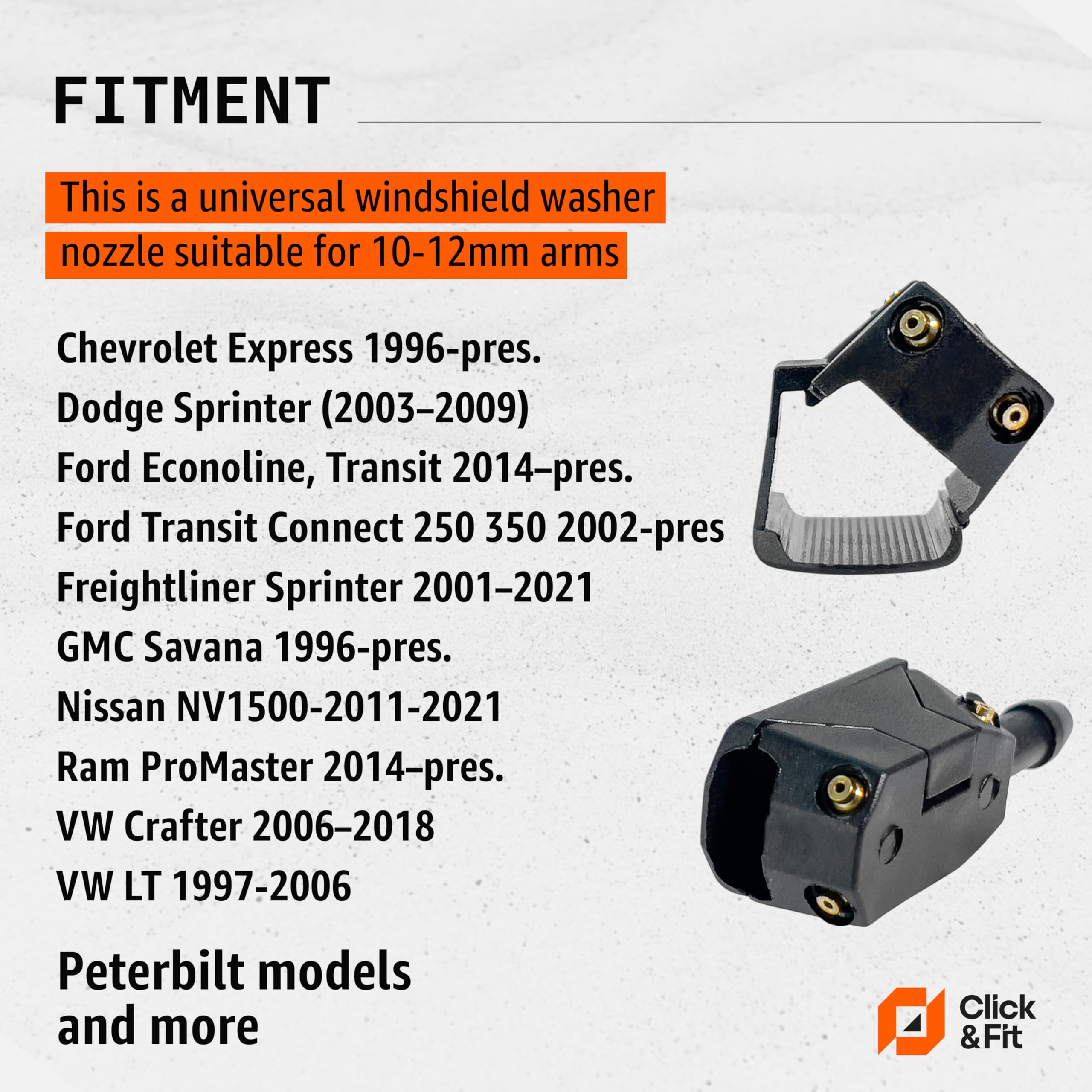 Click&Fit Boquillas universales para limpiaparabrisas de camioneta compatible con Ford Transit, Mercedes, Sprinter, VW, Crafter Fiat, Ducato, Volvo, DAF, Scania, Iveco, para brazo de limpiaparabrisas