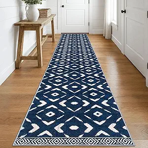 KILOCOCO Hallway Runner Rug 2.6'x16' Runners for Hallways Washable Runner Soft Non Slip Printed Geometric Low-Pile Rugs Runners for Bedroom Kitchen Living Room Boho Rugs, Blue
