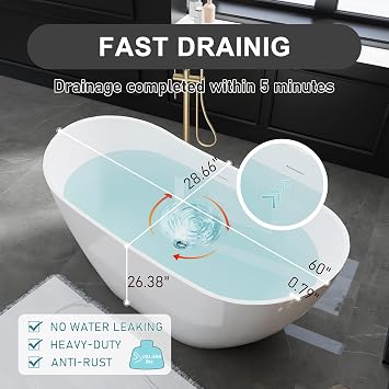 60 Acrylic Freestanding Bathtub, High-Back Free Standing Tub