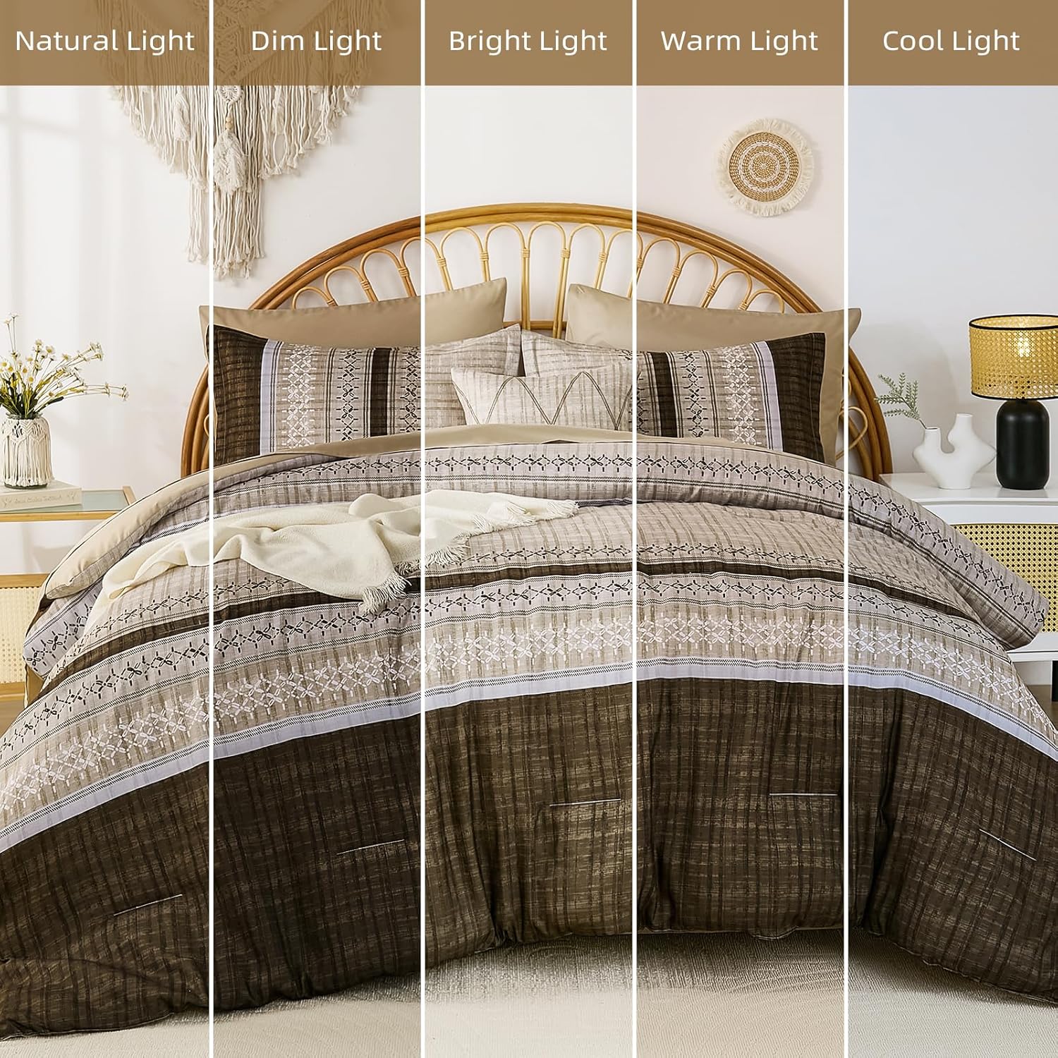 Dintszyayue Brown Comforter Set Queen Size, 8 Pieces Boho Striped Bed in a Bag Soft Microfiber Bedding Set for All Season - Image 8