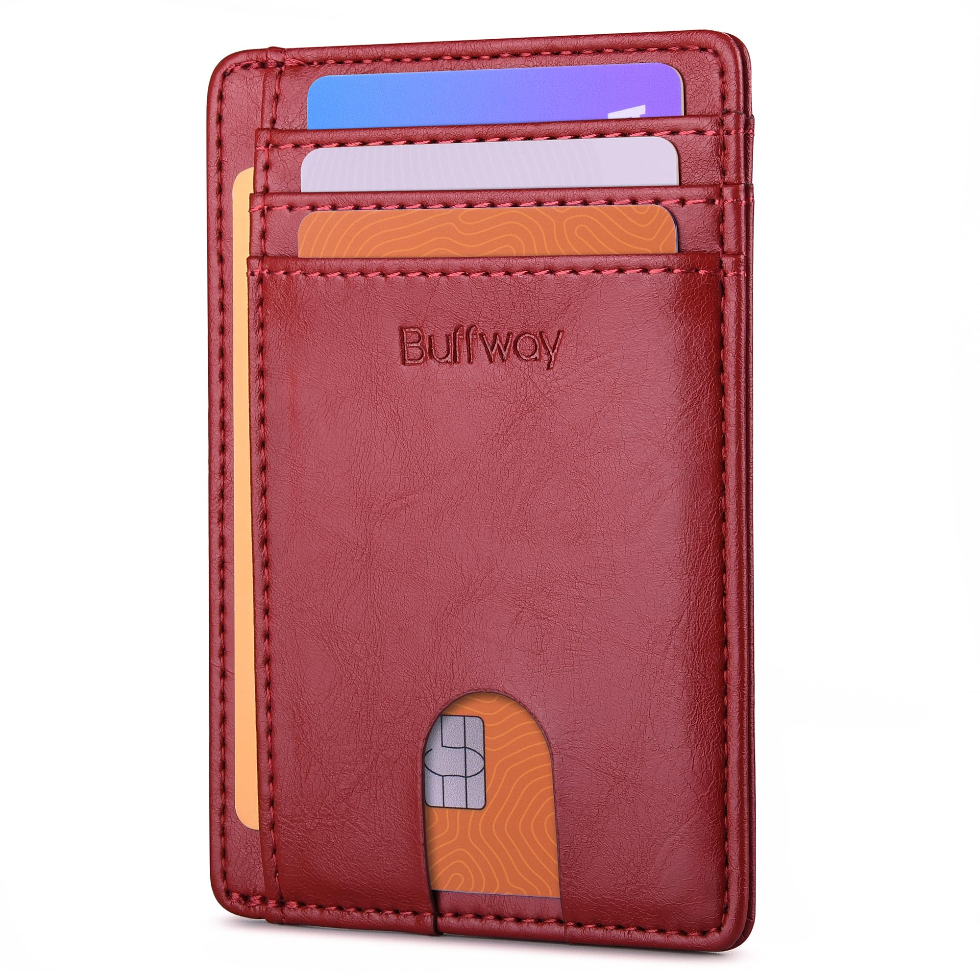 Buffway Slim Minimalist Front Pocket RFID Blocking Leather Wallets for Men and Women, Alaska Cherry, S, Minimalist