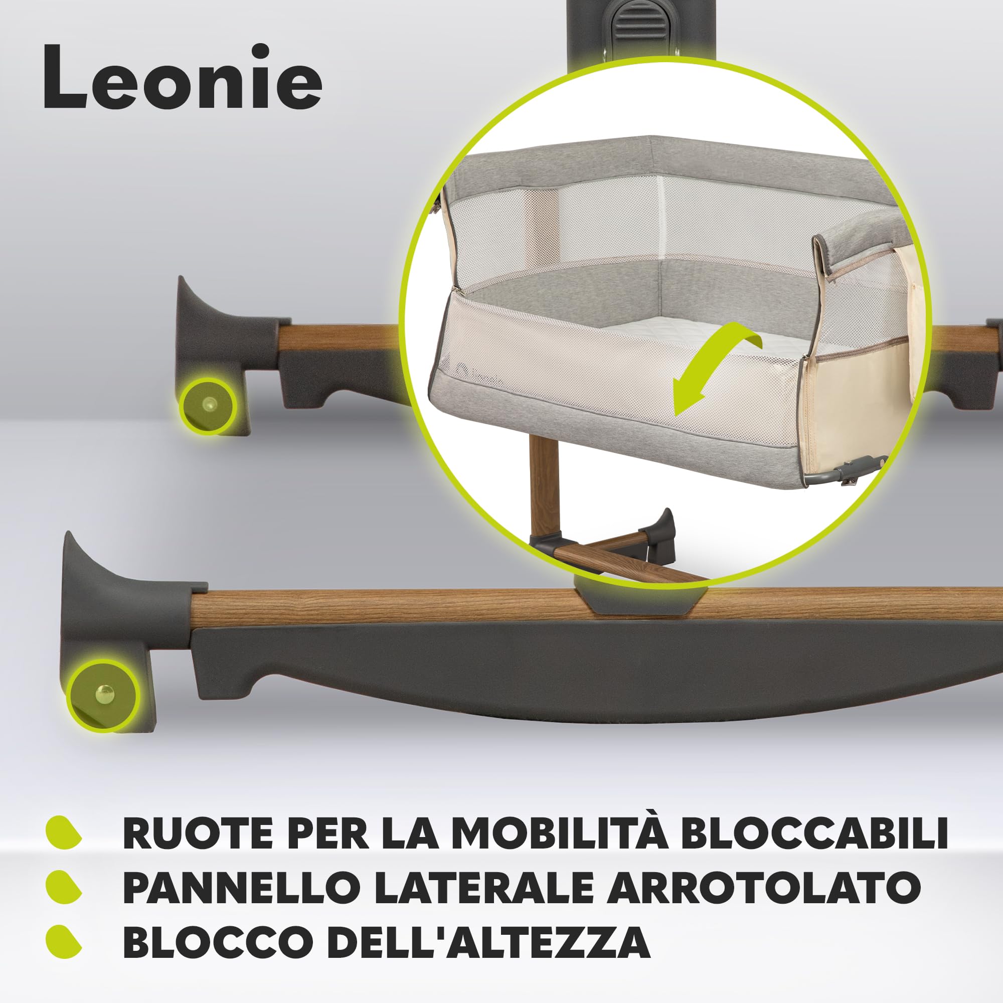 lionelo LEONIE culla e lettino da affiancare per neonato con materasso e funzione dondolo Regolazione in altezza a 5 livelli Opzione d’inclinazione Arioso co-sleeping portatile culla 2 ruote (Beige)