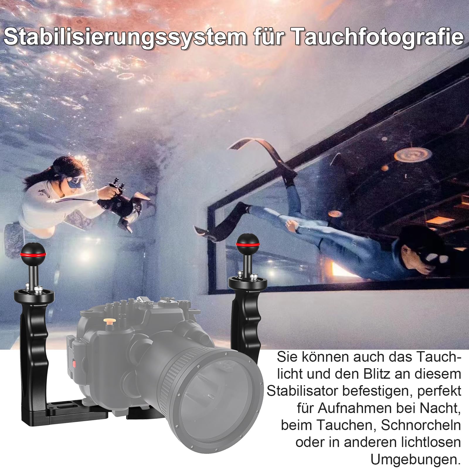 Unterwasser-Kamera Handle Tray Bracket, Dual Handle ausziehbare Aluminiumlegierung Video-Stabilisator-Halter mit 2 1-Zoll-Kugelklemme Mount für Unterwasser-Kamera tauchen Gehäuse