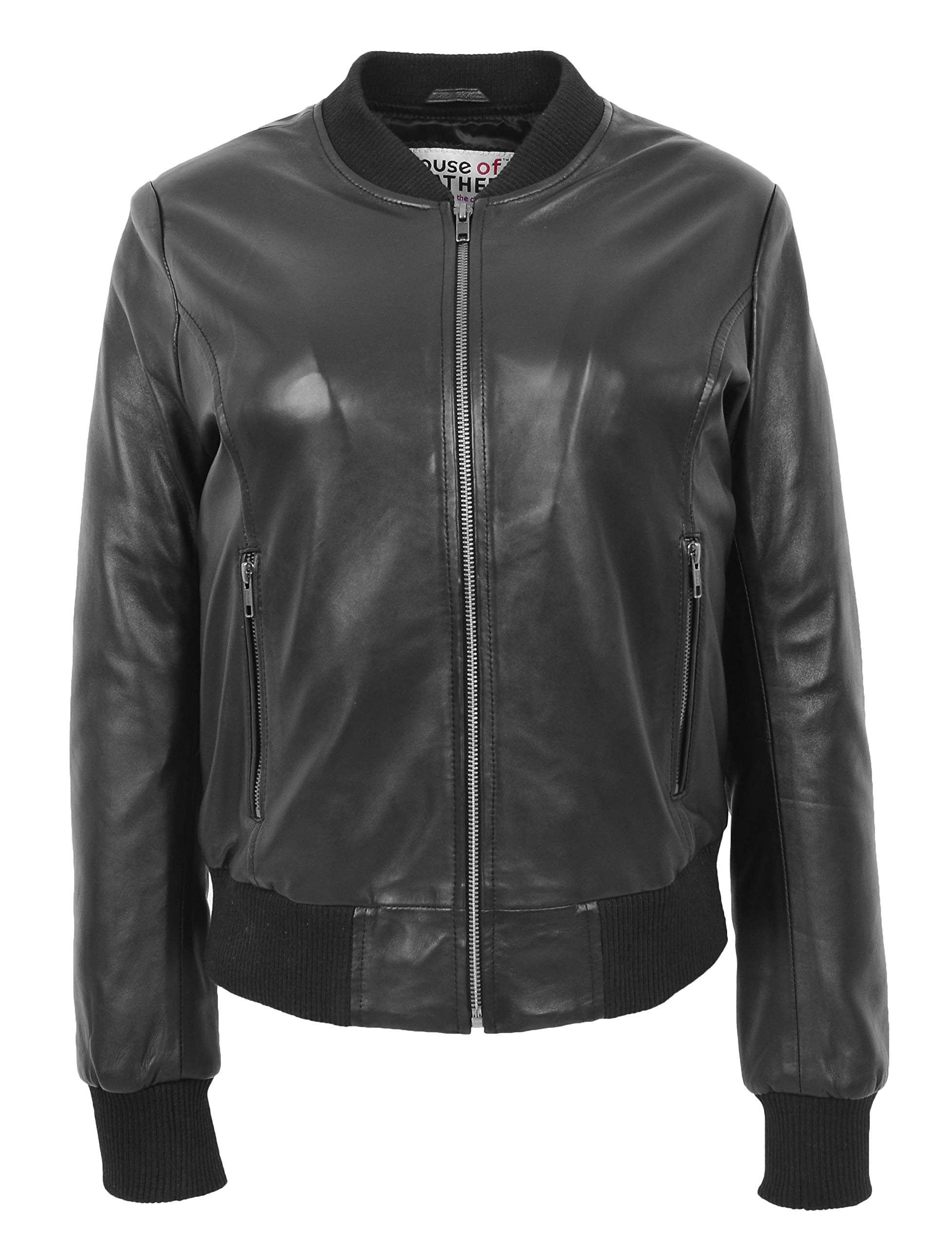 House Of Leather Women's Black Real Leather Bomber Jacket Classic Varsity Style Faye (12)