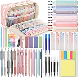 DazSpirit 61 Piezas de Material Escolar Estético con Estuche Grande, 12 Subrayadores Pastel, 4 Boligrafos Borrable, 5 Boligrafos Gel, 6 Portaminas, Set De Papelería Para Estudiantes Journaling (Rosa)