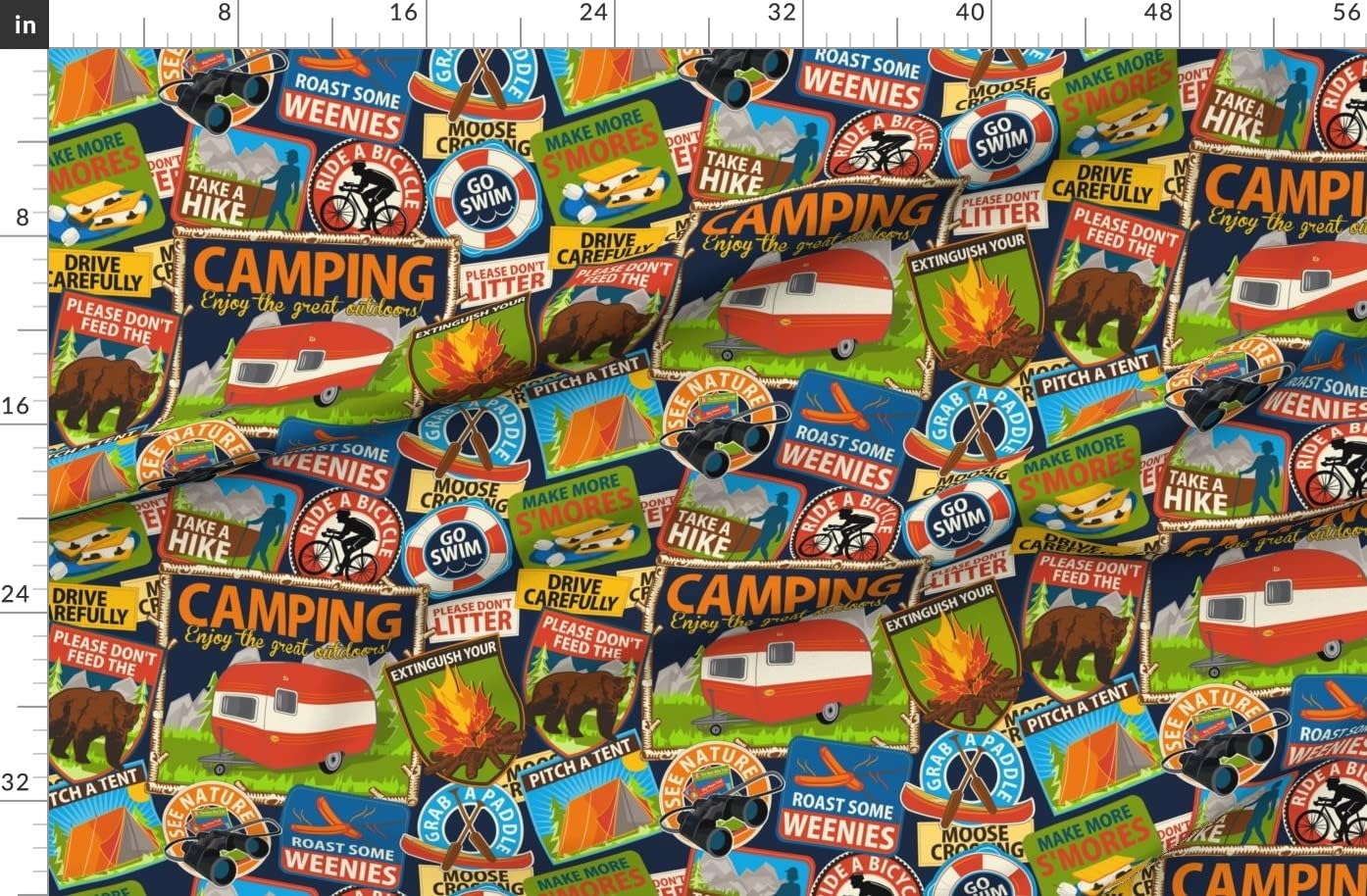 Spoonflower Fabric - Camping Navy Wildlife Swimming Park Printed on Organic Cotton Sateen Fabric by The Yard - Sewing Quilting Apparel Home Decor