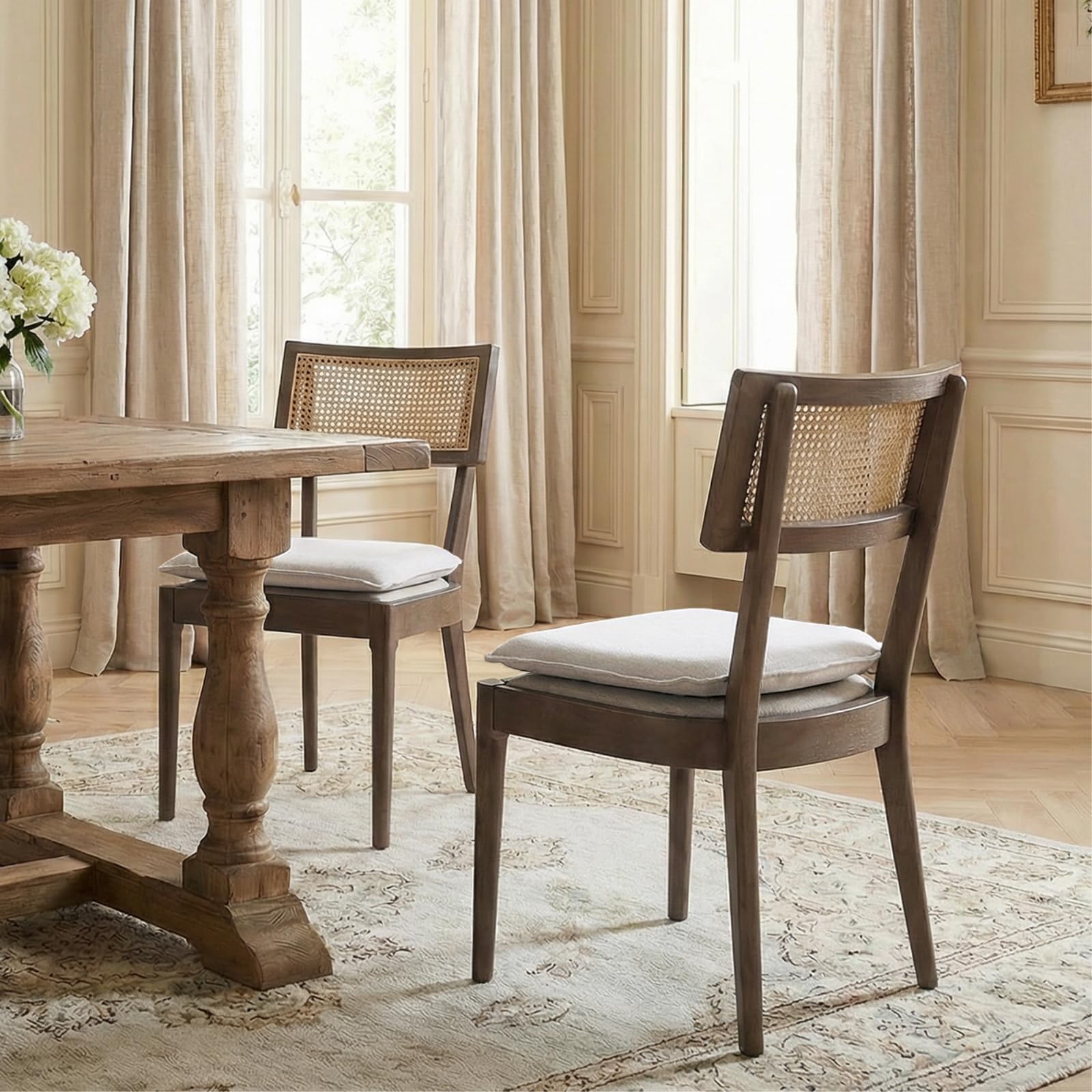 QUINJAY Rattan Farmhouse Dining Chairs Set of 2, Linen French Country Dining Chairs with Hollow Back, Double Upholstered Dining Room Chairs Kitchen