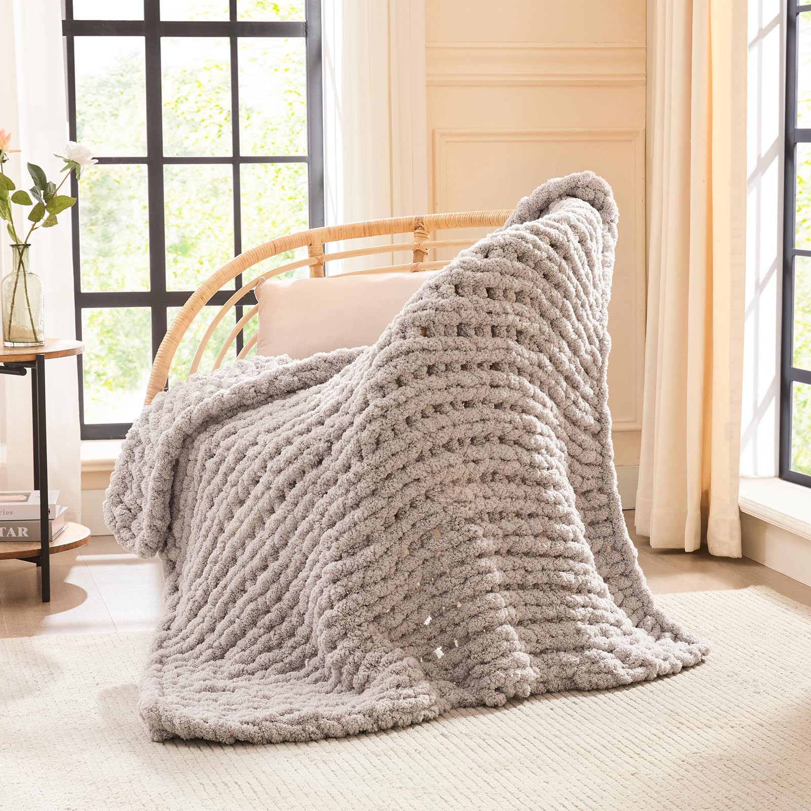 l'agraty chunky knit blanket throw - soft chenille yarn throw blanket 40x50 handmade thick cable knit crochet blanke - large knit blanket chunky rope knot throw blanket for couch sofa bed home decor