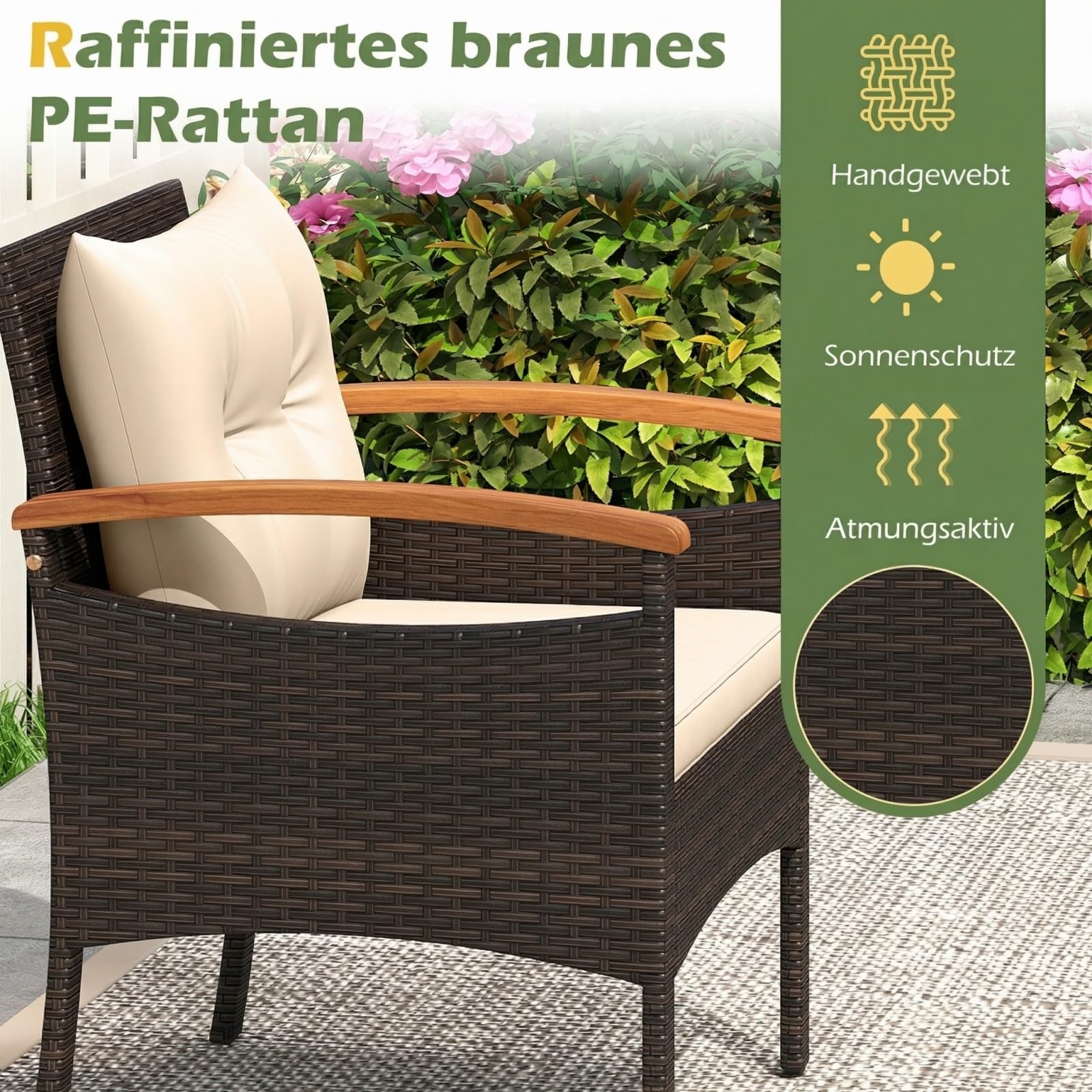 SOARS Salón de Jardín 3 Piezas, 2 Sillones de Ratán PE, Mesa de centro con bandeja de madera de acacia, Cojines acolchados extraíbles, Almohada Lumbar, Muebles para Patio, Terraza (Marr+Beige)