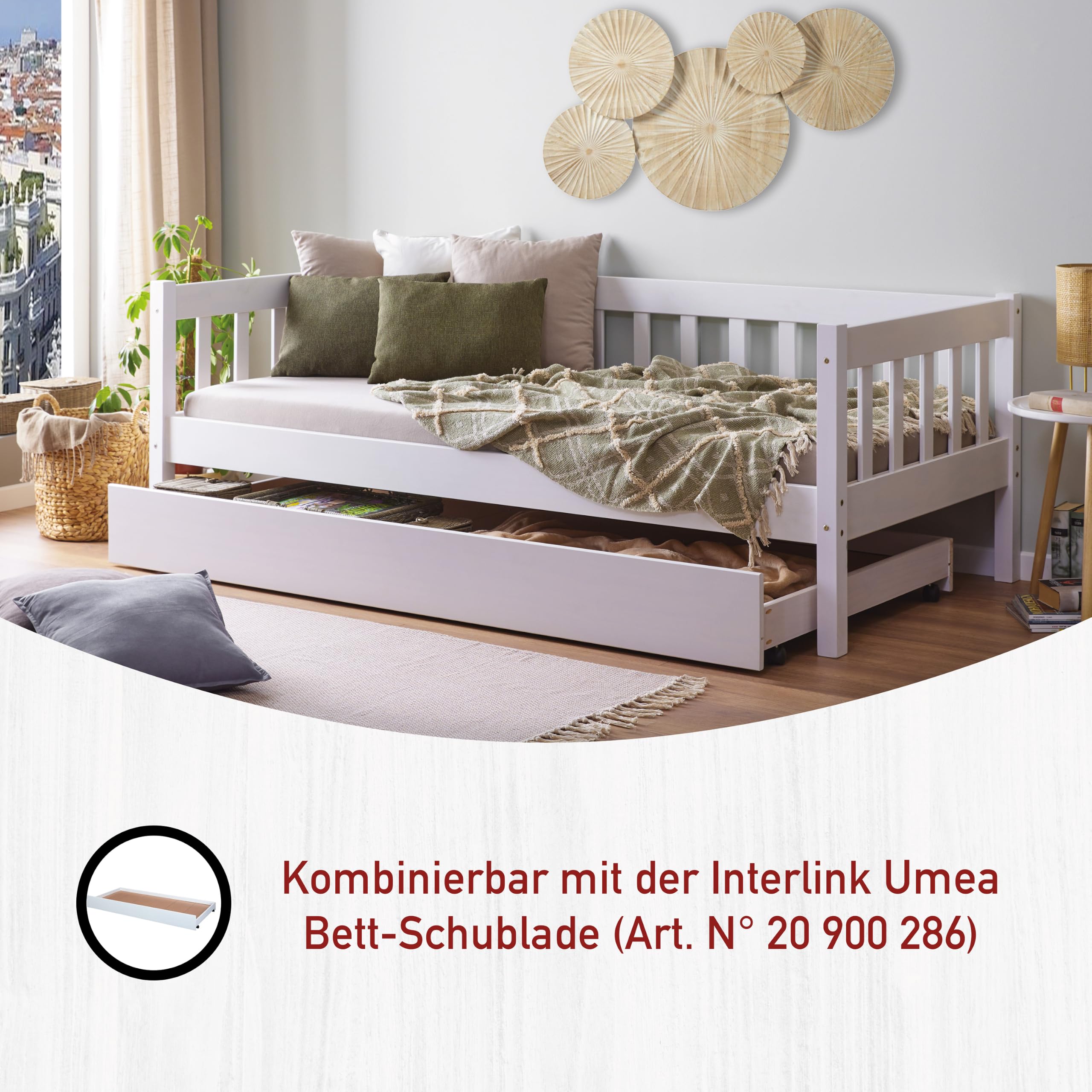 Inter Link - Sofabett – Tagesbett – Gästebett – Bett aus massiver Kiefer – 90 x 200cm – Schlafsofa – Inklusive Lattenrost - Weiß lackiert – Sintro