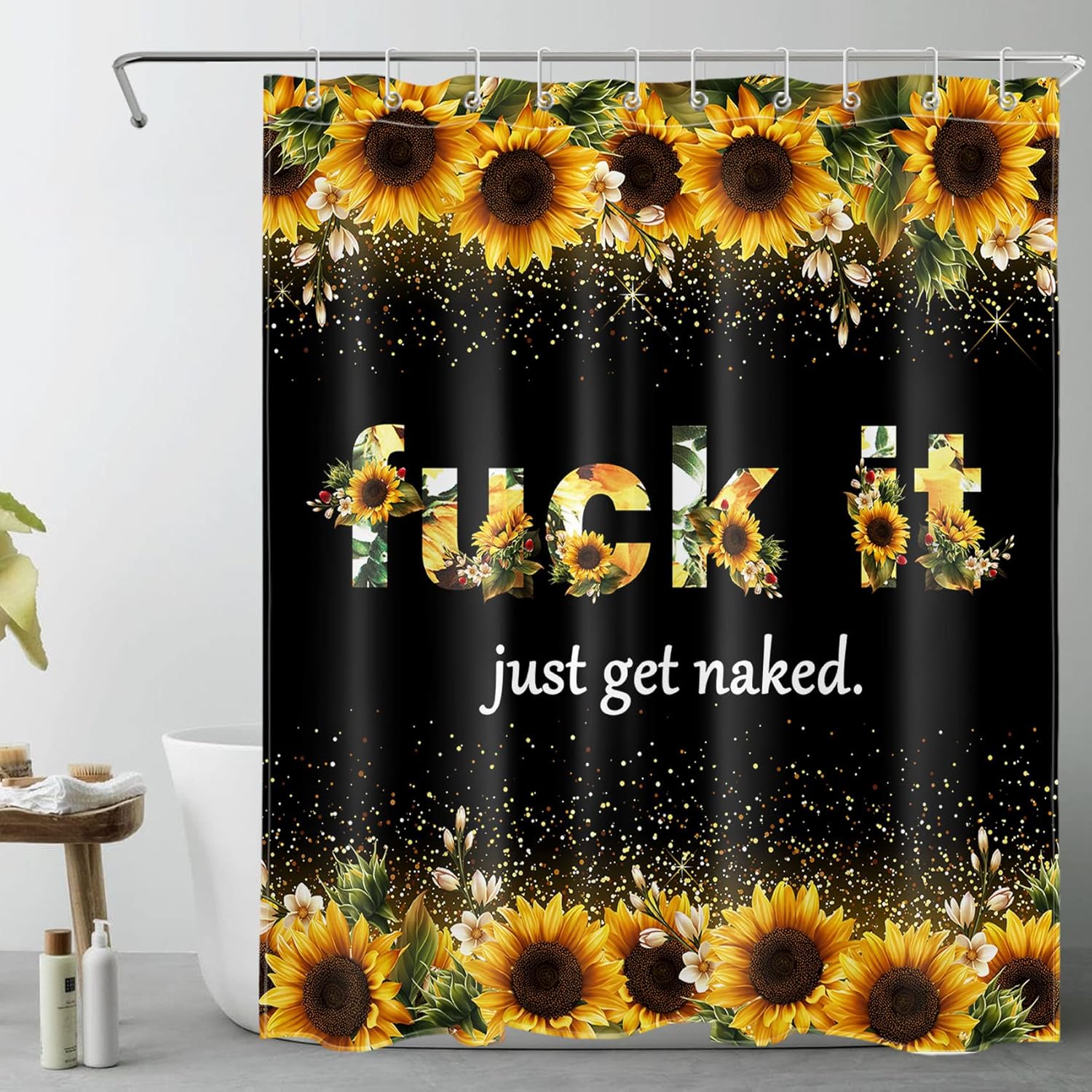 LB Sunflower Fuck It Just Get Naked Shower Curtain Sets with Non-Slip Rugs Rustic Spring Floral Funny Quotes Shower Curtain Set for Bathroom Yellow Flowers with Leaf Bathroom Decor Sets, 60X72 Inch