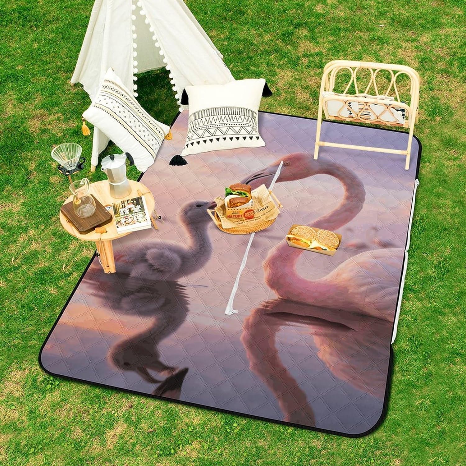 Pretty Sunset Pink Flamingo Picnic Blanket 150x100cm, Foldable 2-in-1 Picnic Mat and Tote Bag Portable Waterproof Beach Mat Sandproof Outdoor Blanket for Park, Hiking, Beach, Camping, Travel