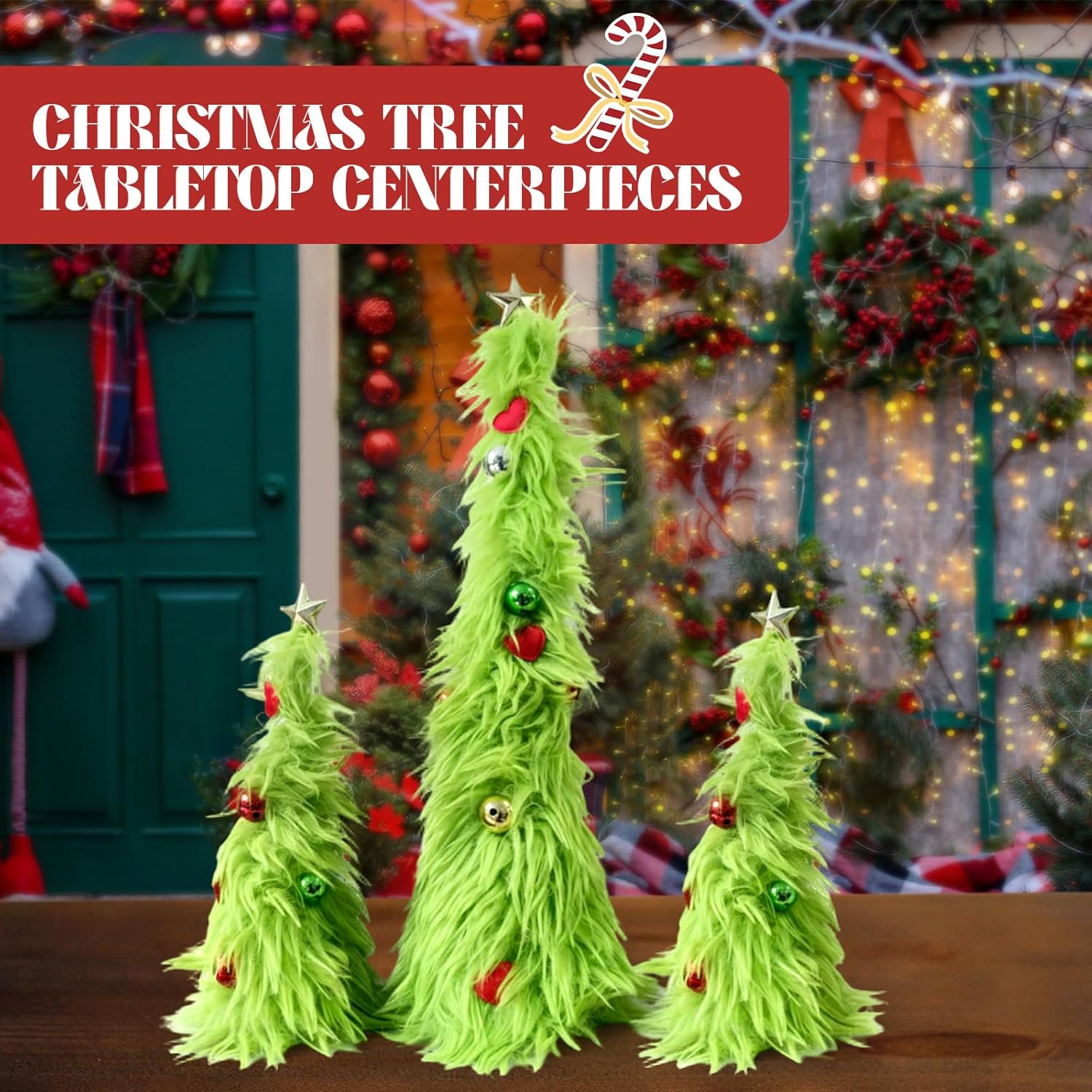 Soulchen 3 Pcs Lime Green Furry Christmas Trees Decor 12" 7" Xmas Tree with Plush Fur Surface Tabletop Decoration Fuzzy Elf Faux Fur Centerpiece for Christmas Living Room Home Kitchen Tabletop Decor